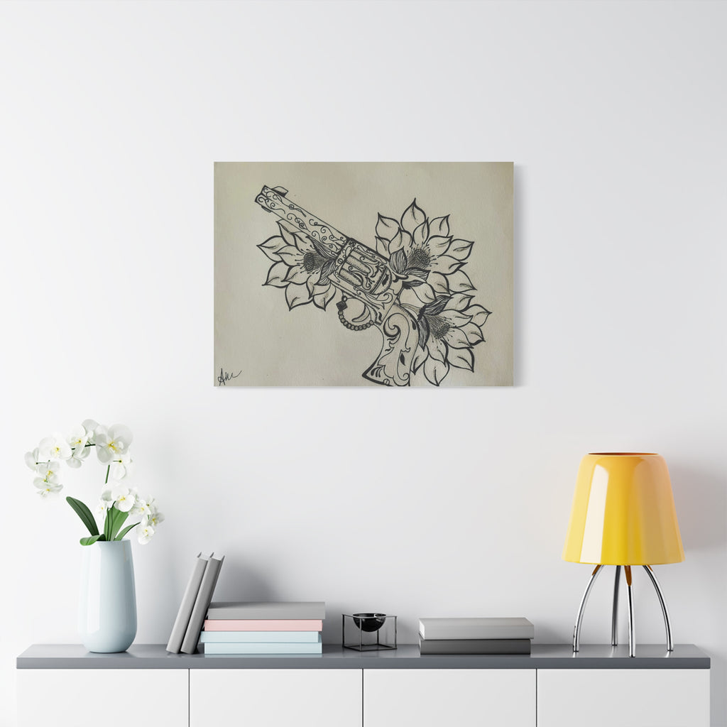 Floral Revolver Canvas Art — Hand-Drawn Gun and Flower Illustration on Matte Stretched Canvas
