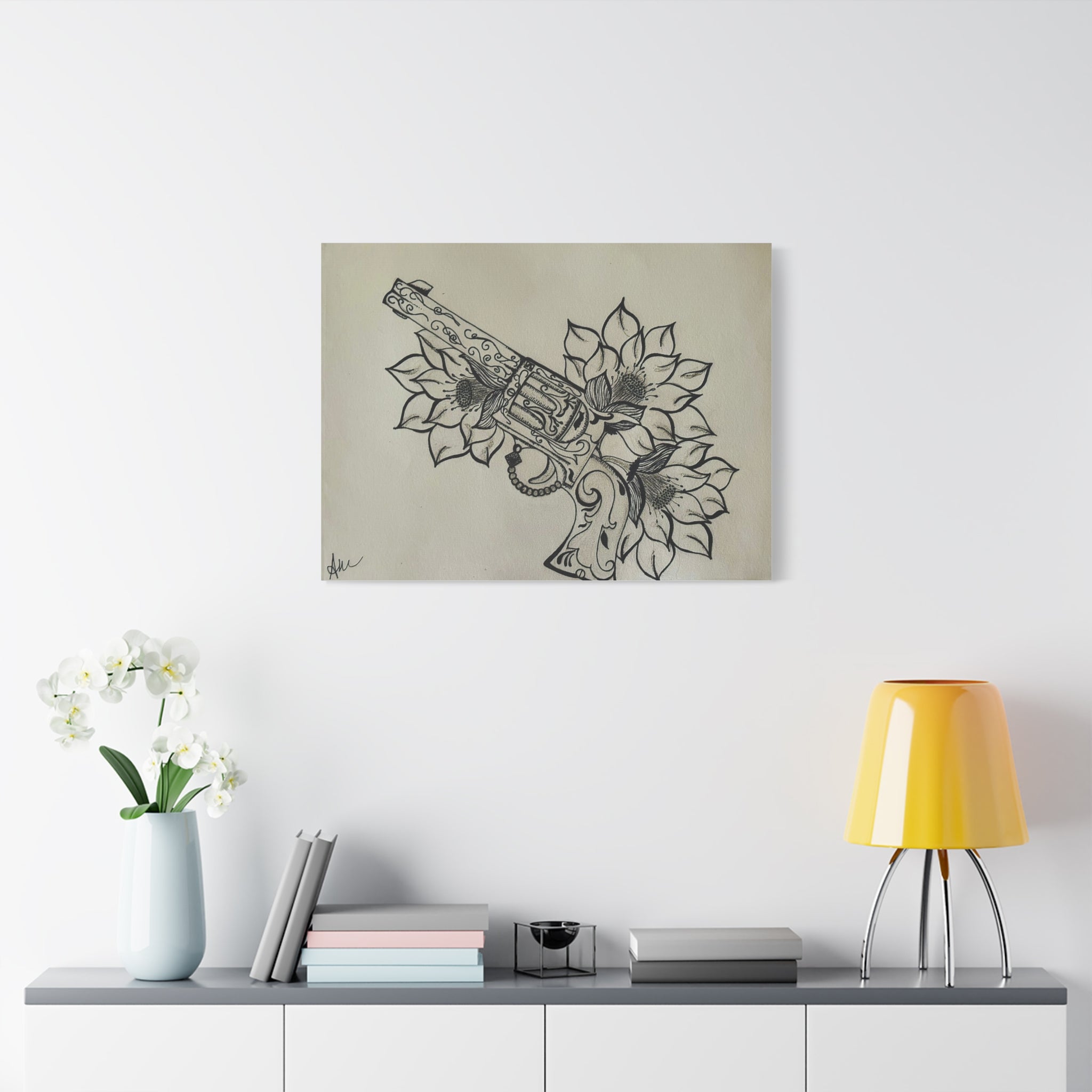 Floral Revolver Canvas Art — Hand-Drawn Gun and Flower Illustration on Matte Stretched Canvas