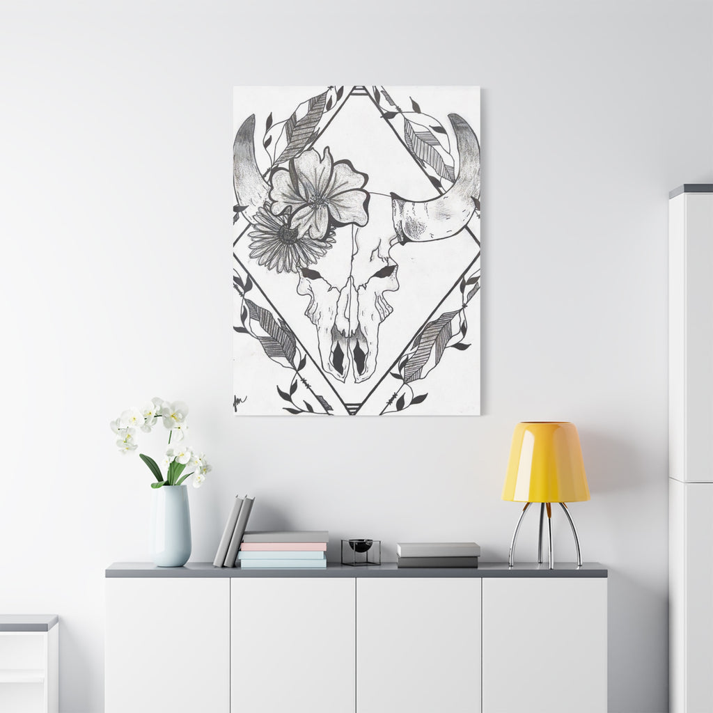 Floral Bull Skull Canvas Print — Black & White Botanical Skull Wall Art