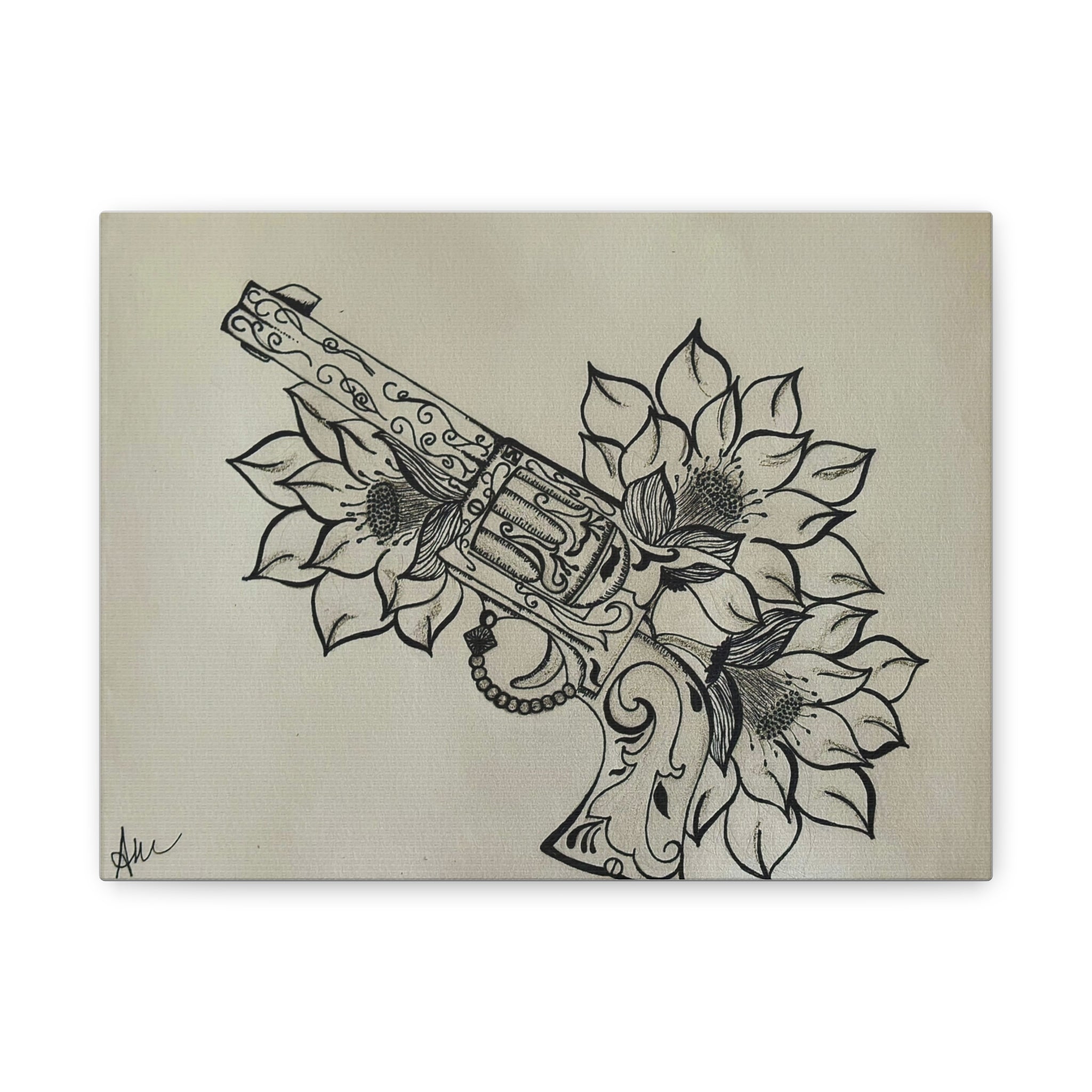 Floral Revolver Canvas Art — Hand-Drawn Gun and Flower Illustration on Matte Stretched Canvas