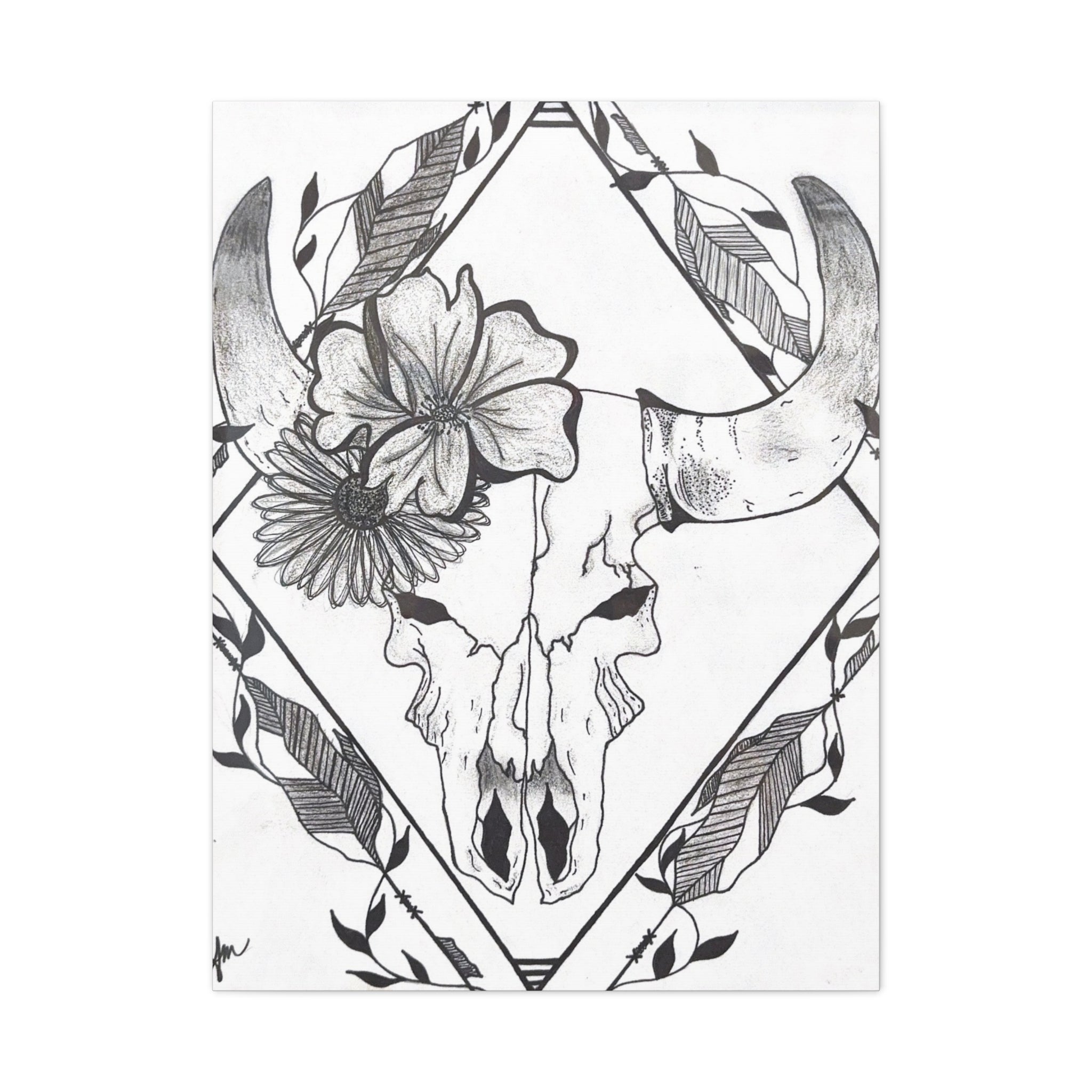 Floral Bull Skull Canvas Print — Black & White Botanical Skull Wall Art