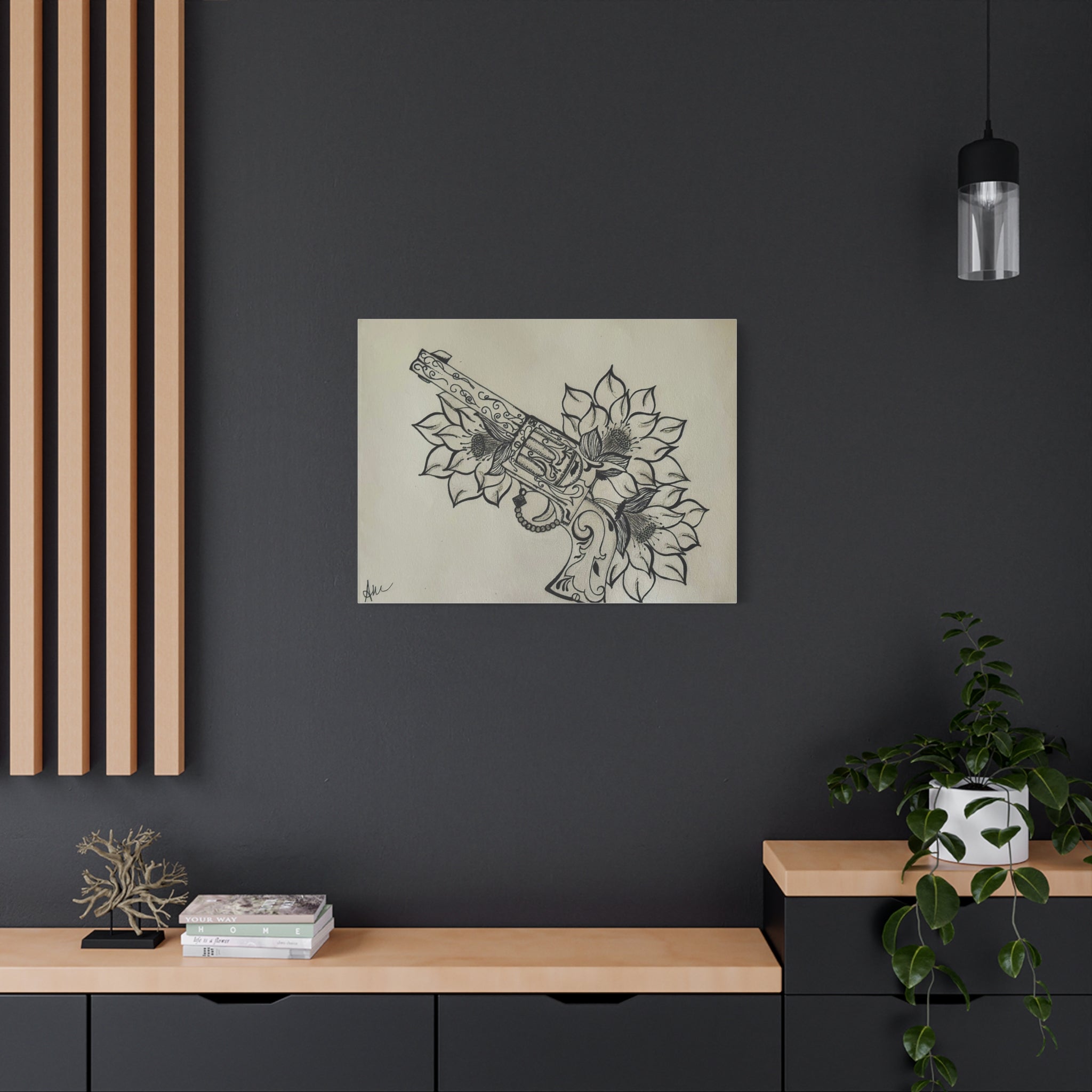 Floral Revolver Canvas Art — Hand-Drawn Gun and Flower Illustration on Matte Stretched Canvas