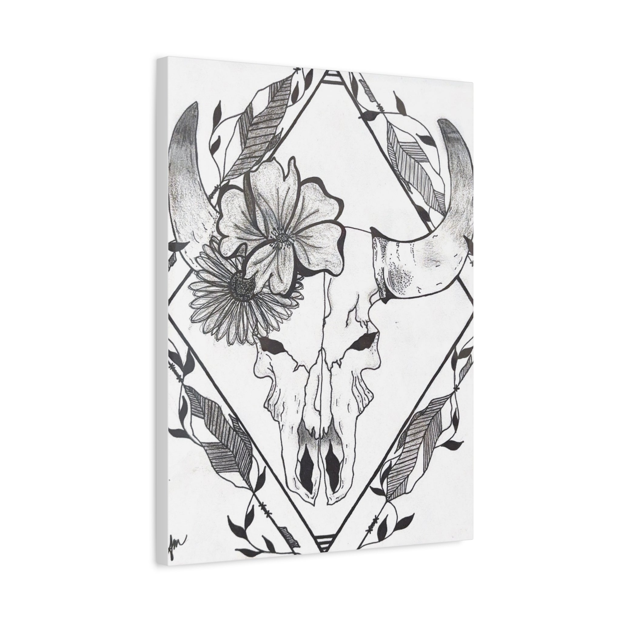 Floral Bull Skull Canvas Print — Black & White Botanical Skull Wall Art
