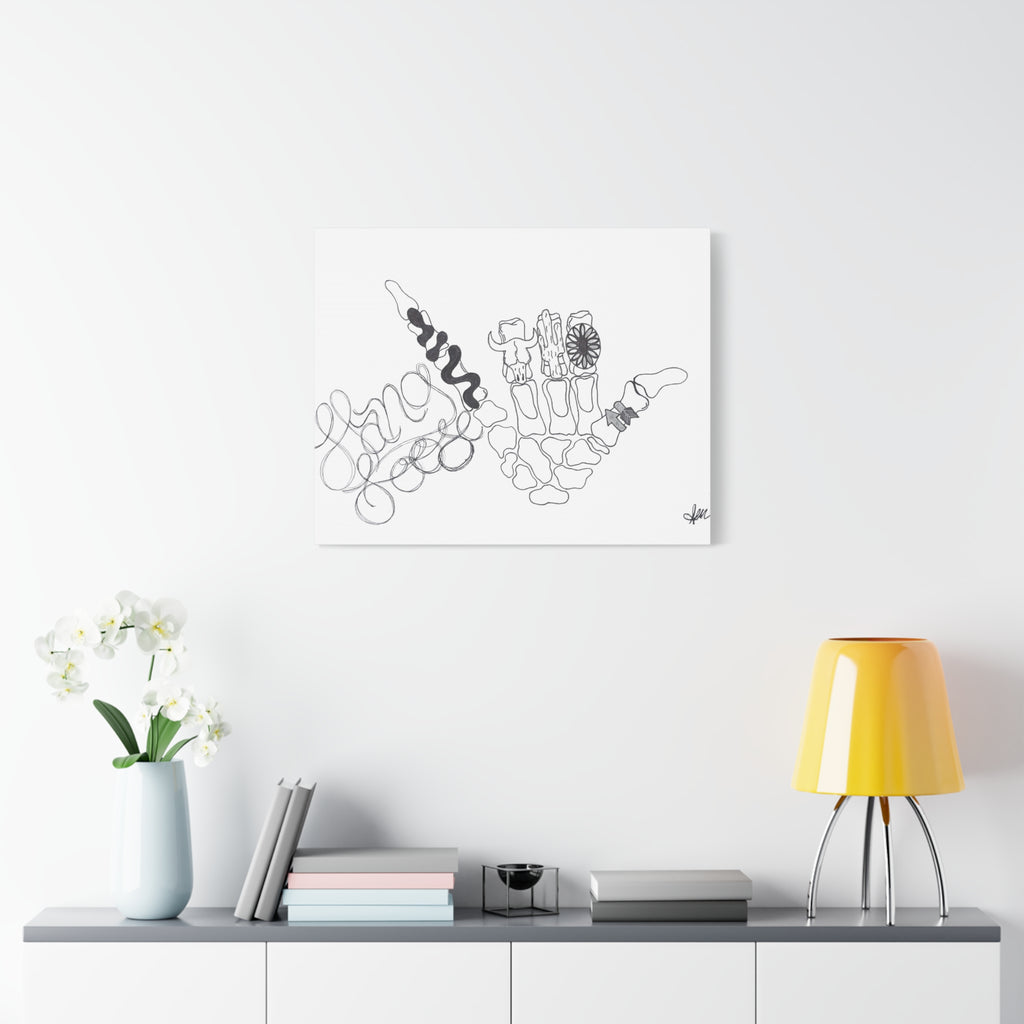 Matte Canvas Wall Art — Minimalist Hand Skeleton Line Drawing "Hang Loose"