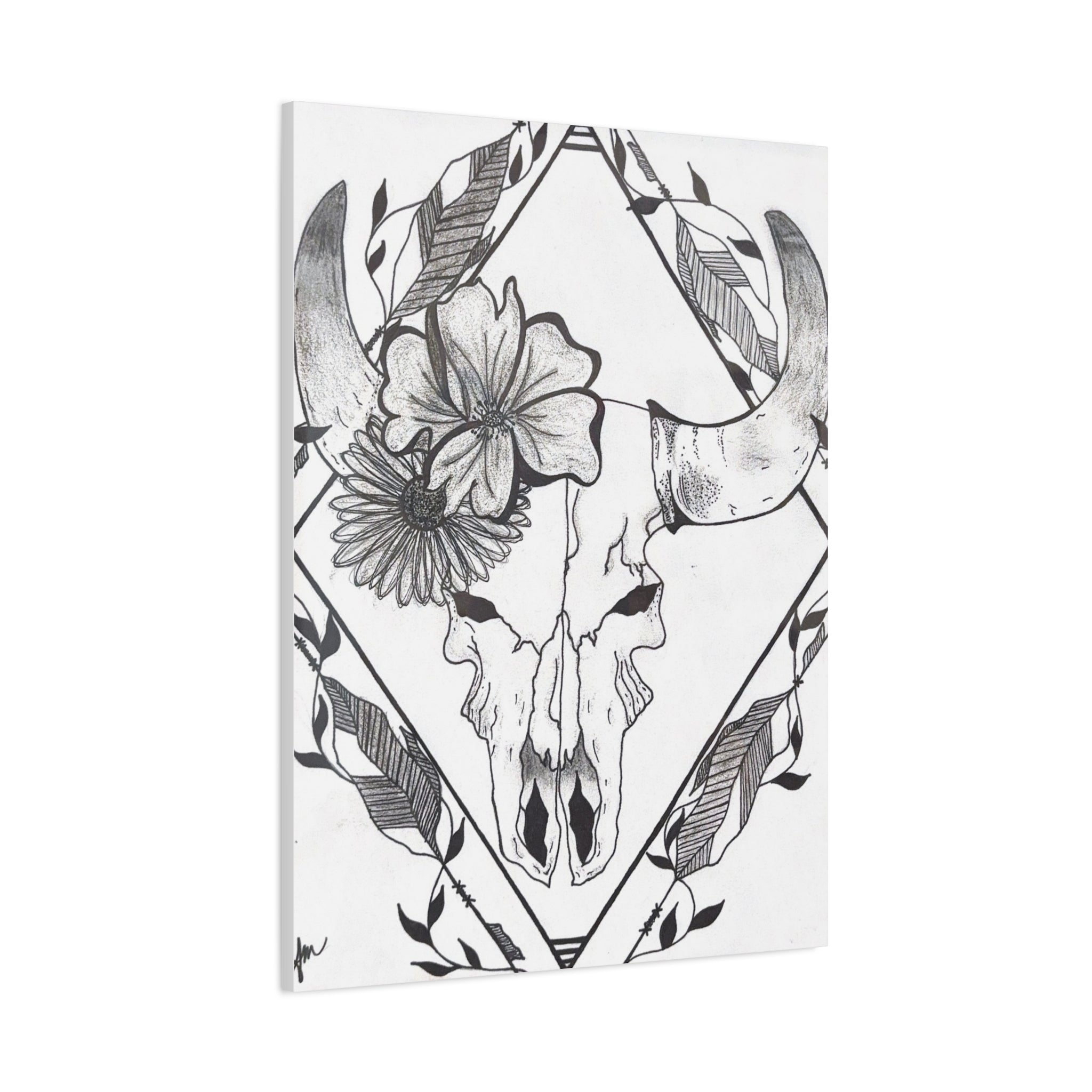 Floral Bull Skull Canvas Print — Black & White Botanical Skull Wall Art