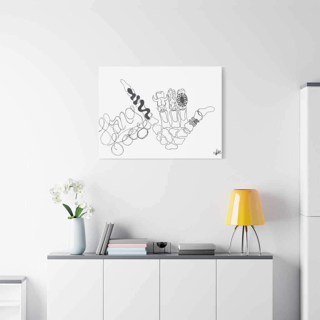 Matte Canvas Wall Art — Minimalist Hand Skeleton Line Drawing "Hang Loose"