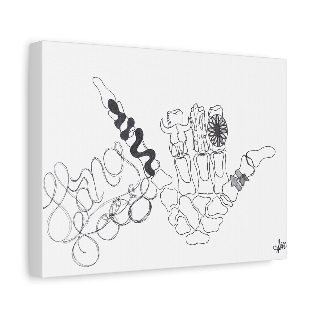 Matte Canvas Wall Art — Minimalist Hand Skeleton Line Drawing "Hang Loose"