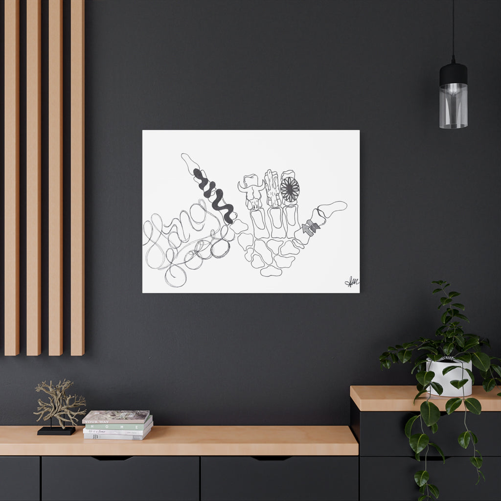Matte Canvas Wall Art — Minimalist Hand Skeleton Line Drawing "Hang Loose"