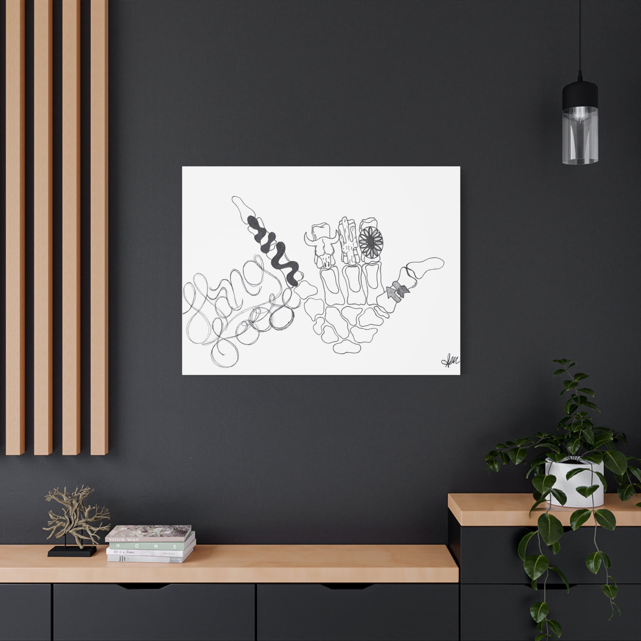 Matte Canvas Wall Art — Minimalist Hand Skeleton Line Drawing "Hang Loose"
