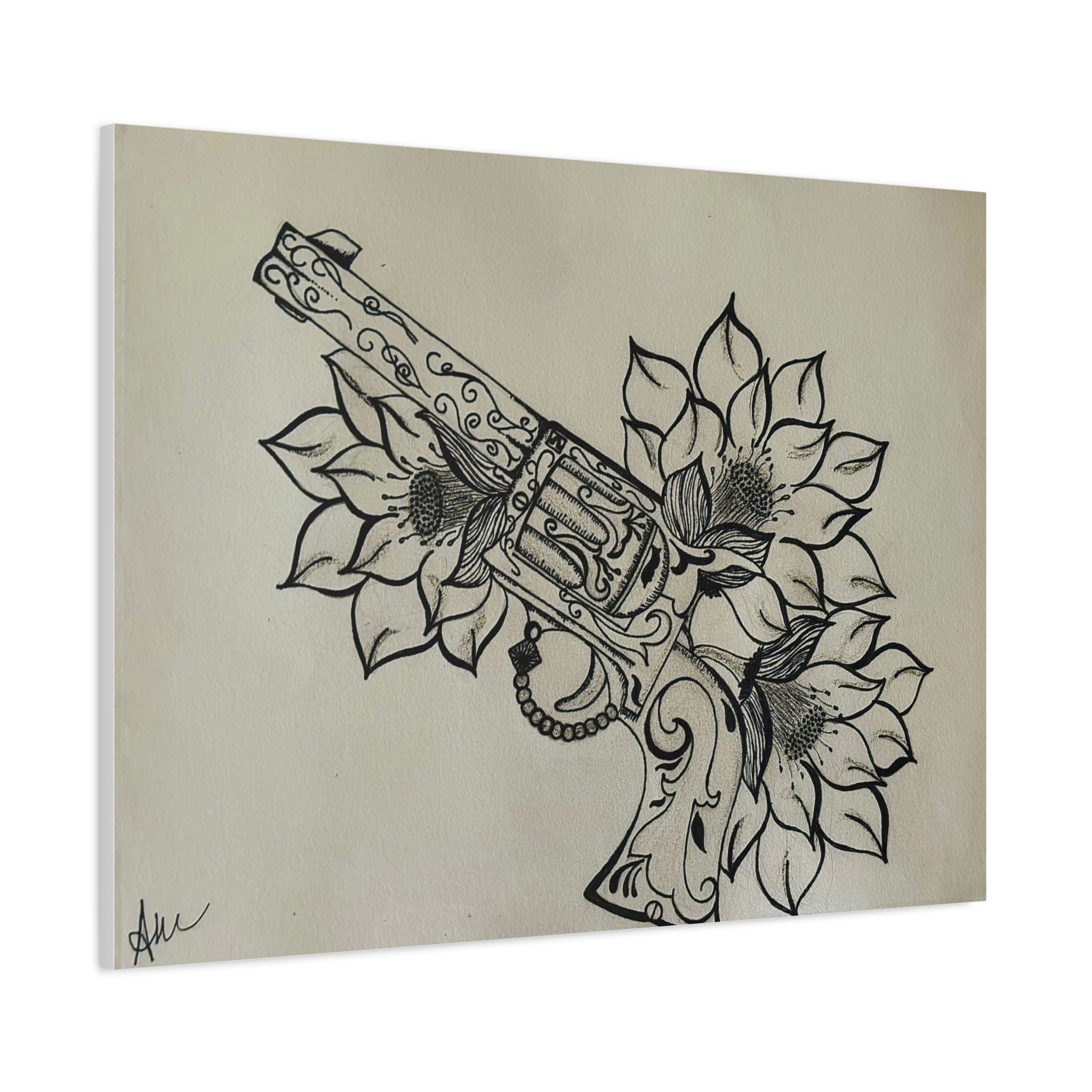 Floral Revolver Canvas Art — Hand-Drawn Gun and Flower Illustration on Matte Stretched Canvas