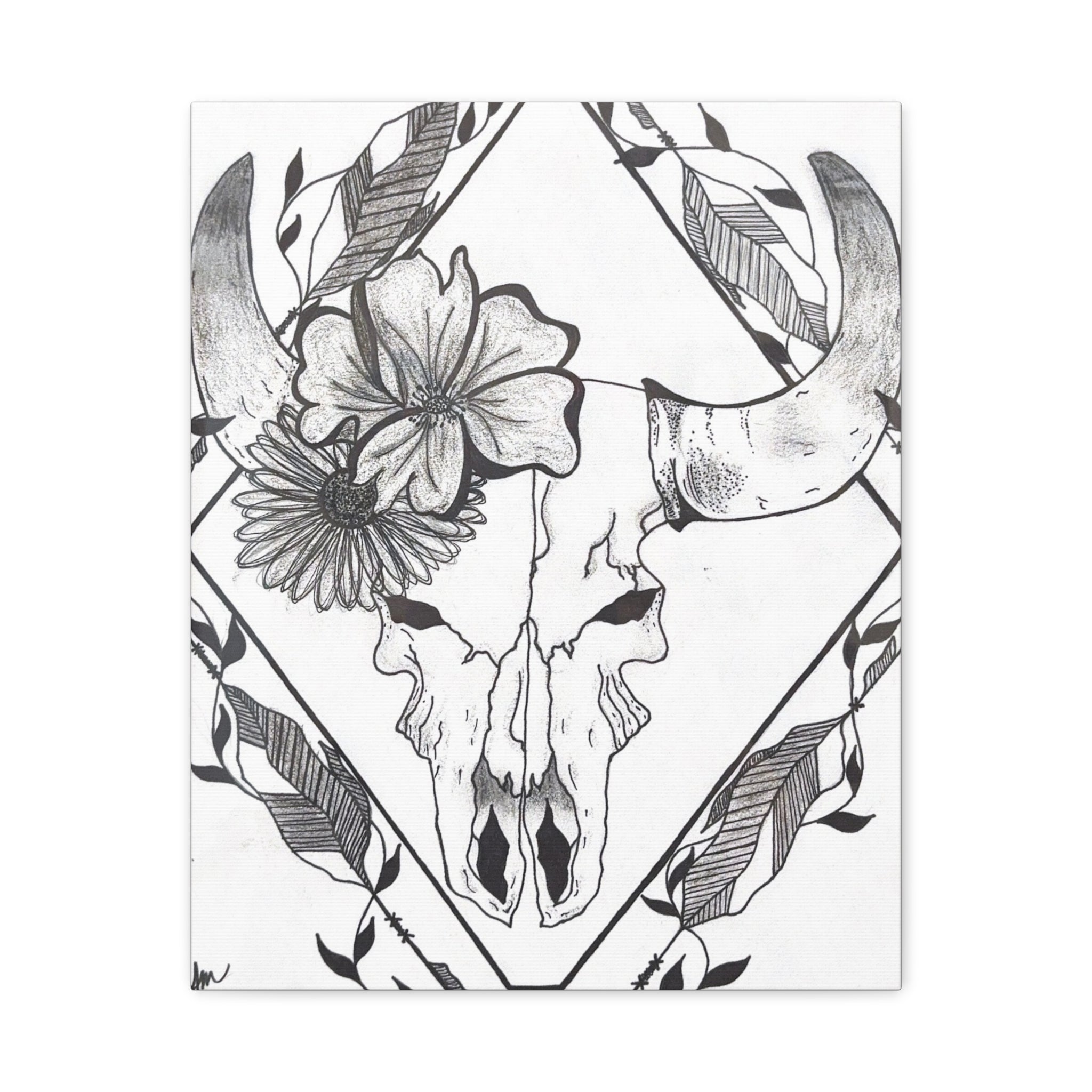 Floral Bull Skull Canvas Print — Black & White Botanical Skull Wall Art