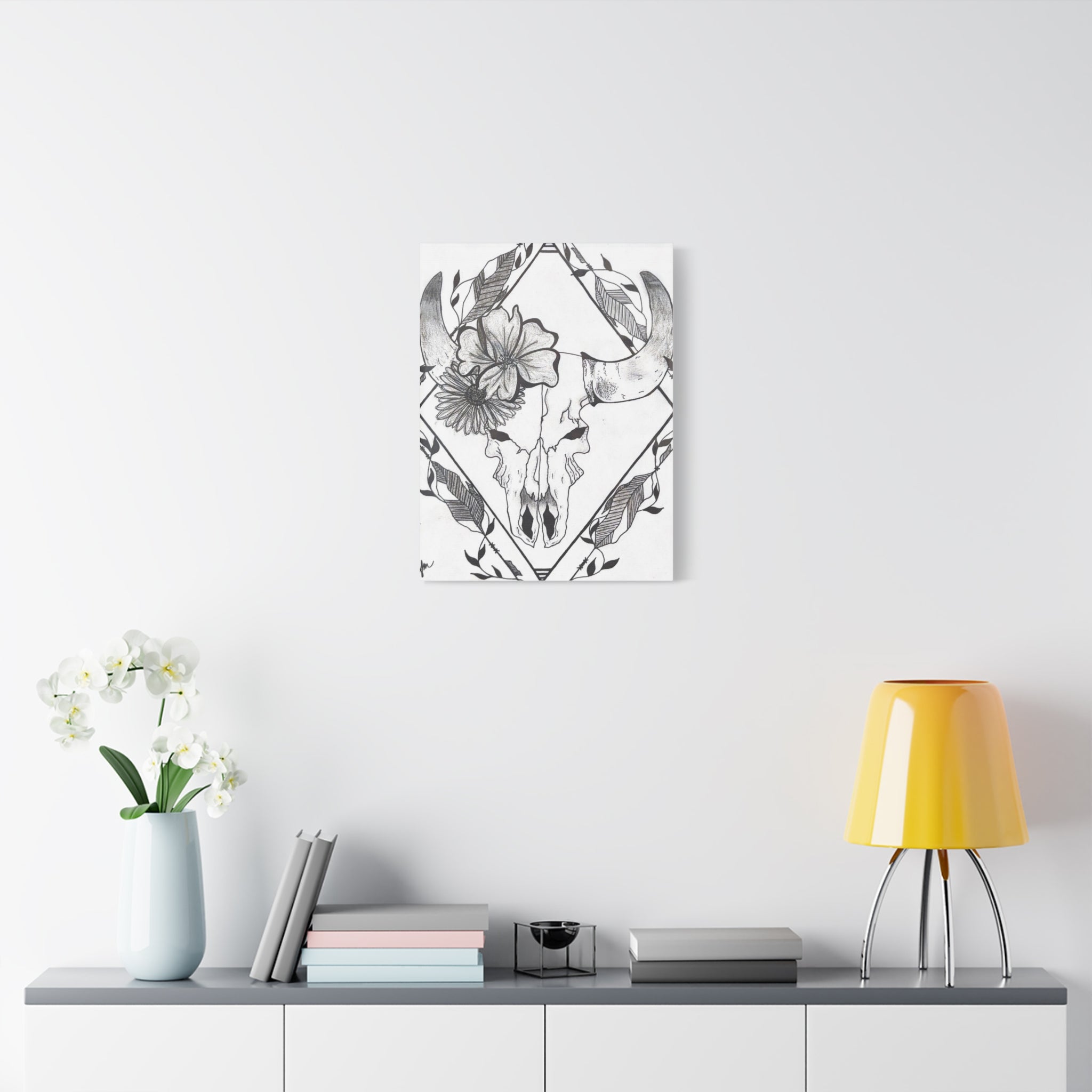 Floral Bull Skull Canvas Print — Black & White Botanical Skull Wall Art