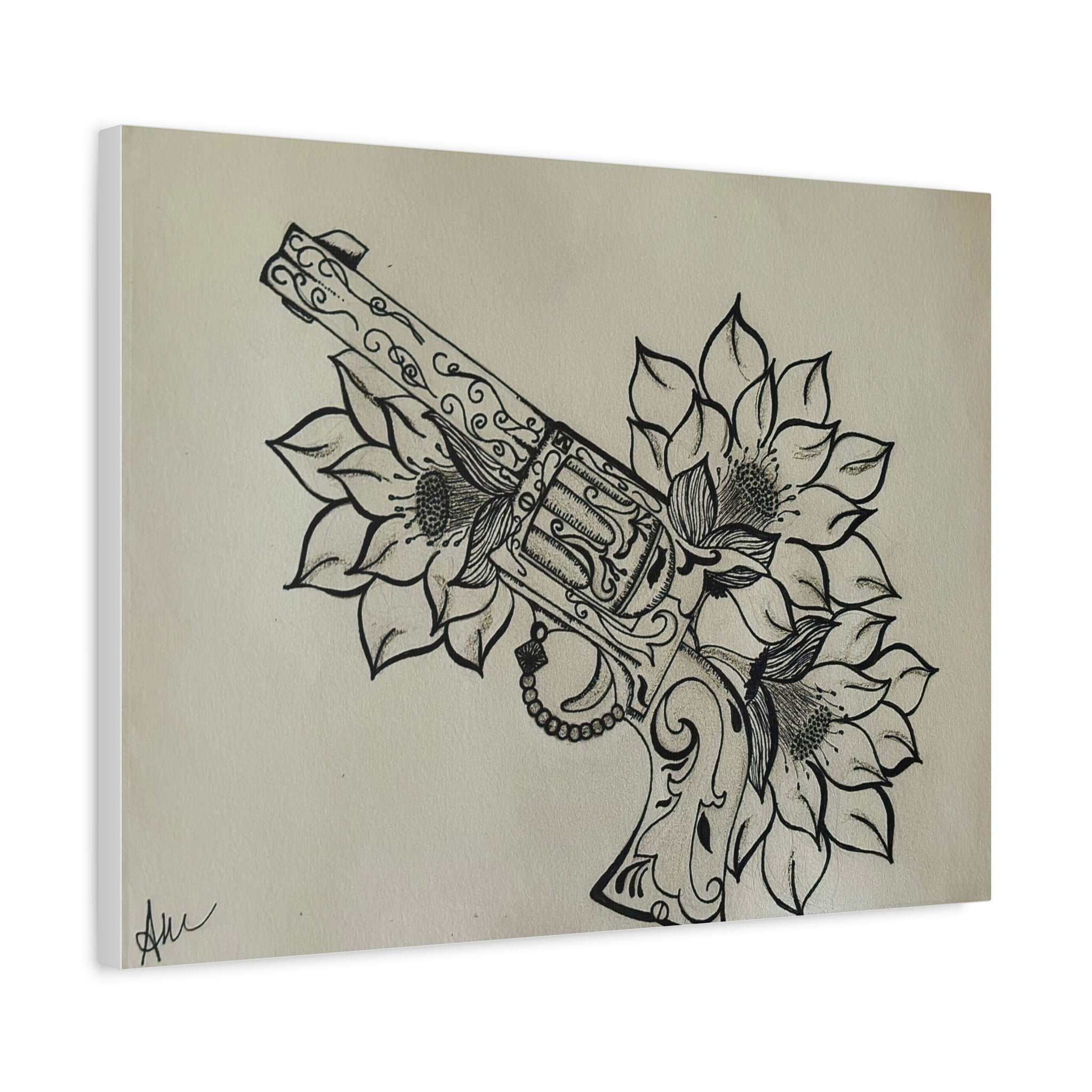 Floral Revolver Canvas Art — Hand-Drawn Gun and Flower Illustration on Matte Stretched Canvas