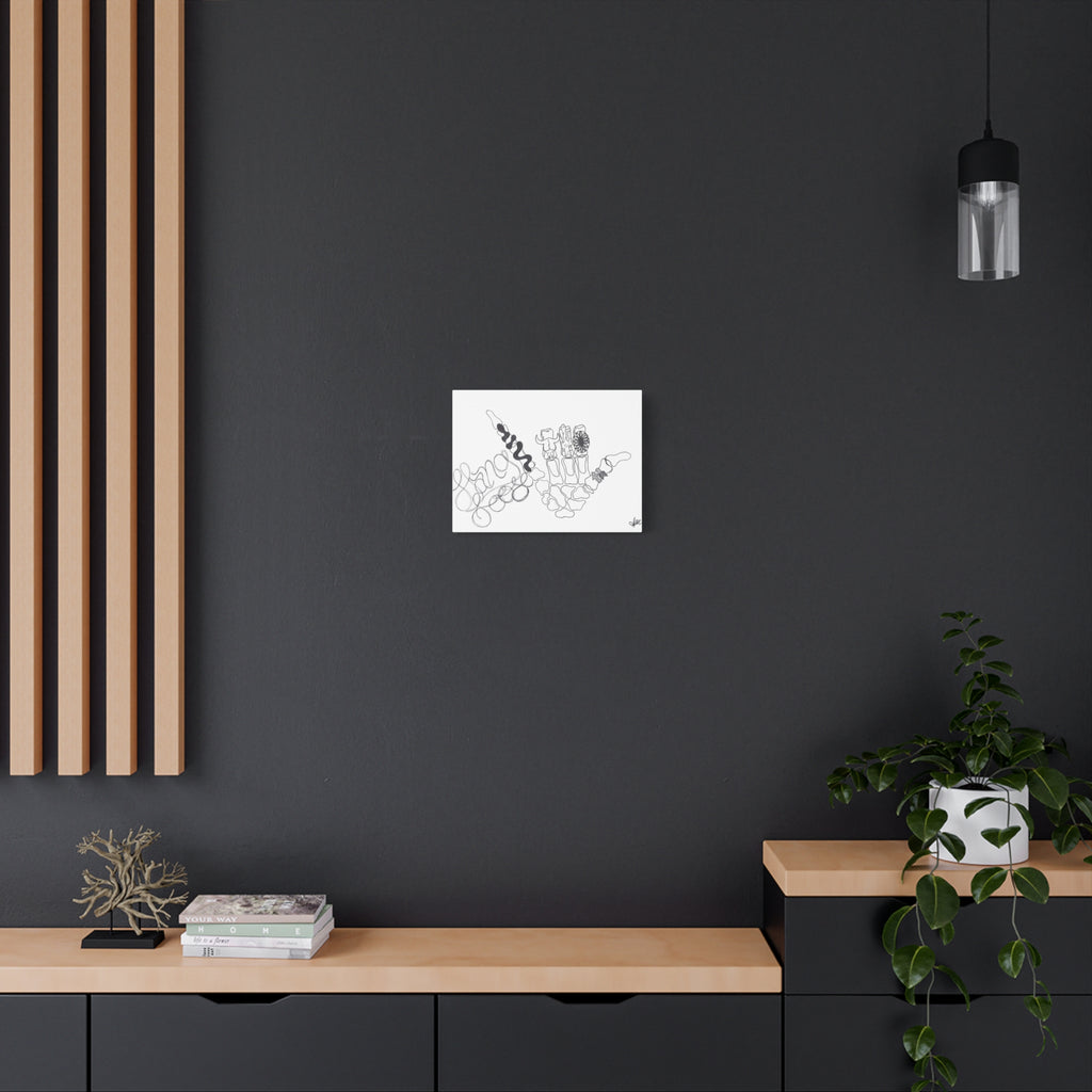 Matte Canvas Wall Art — Minimalist Hand Skeleton Line Drawing "Hang Loose"