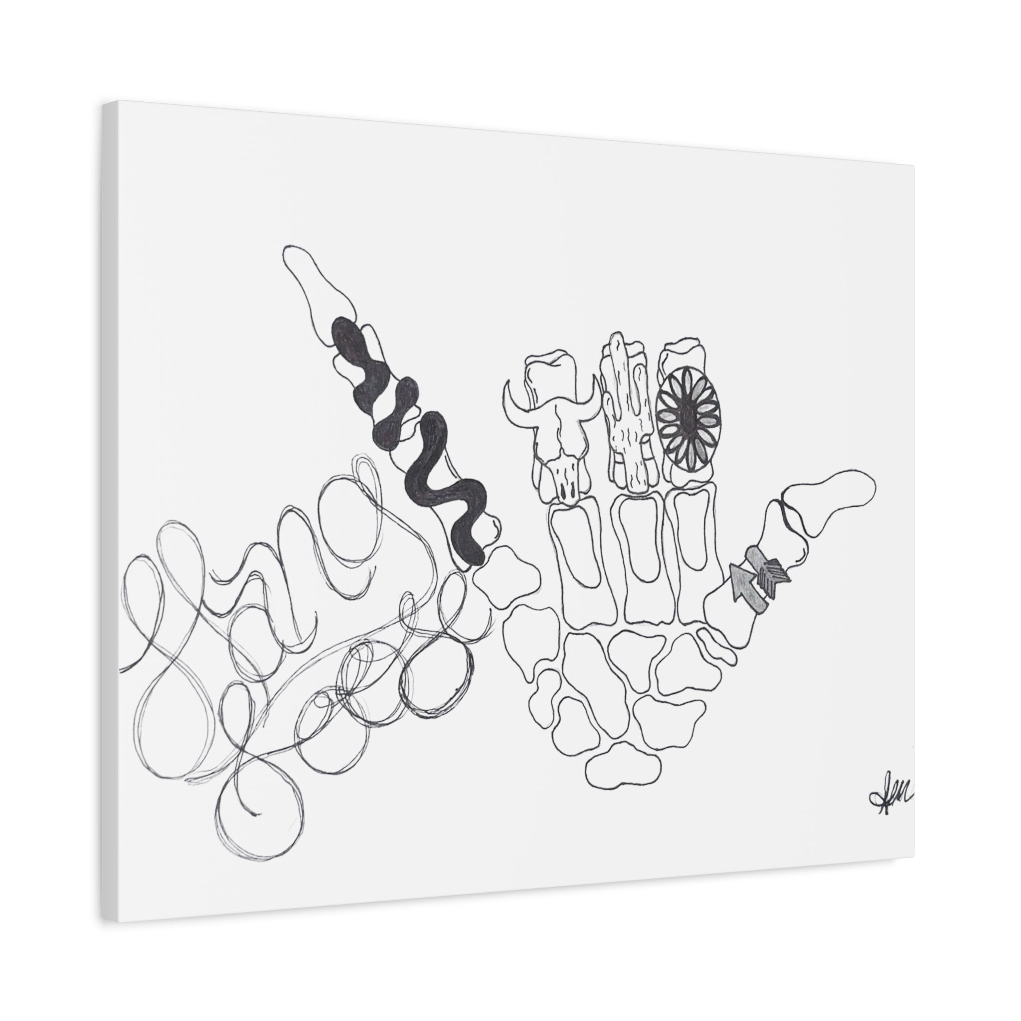 Matte Canvas Wall Art — Minimalist Hand Skeleton Line Drawing "Hang Loose"