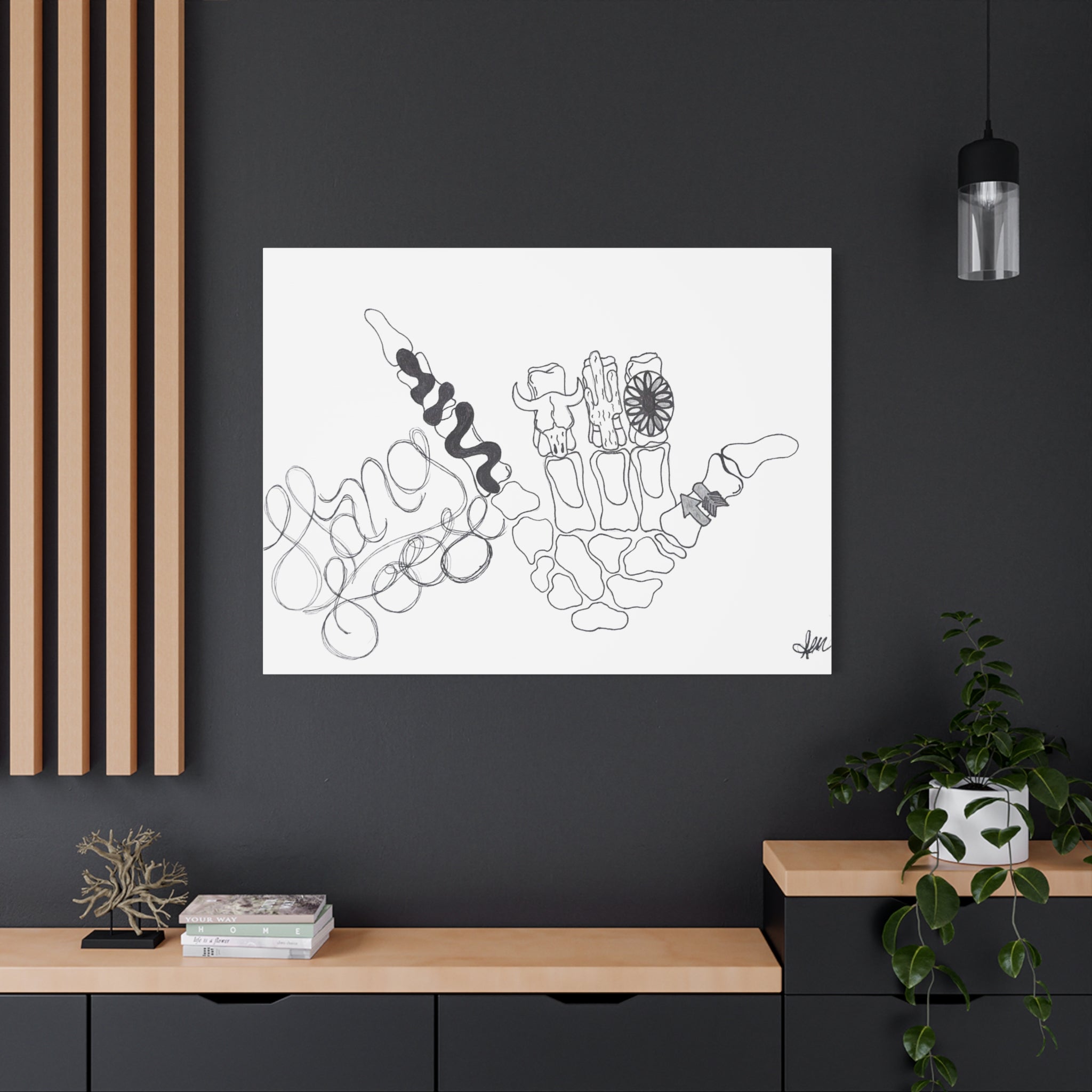 Matte Canvas Wall Art — Minimalist Hand Skeleton Line Drawing "Hang Loose"