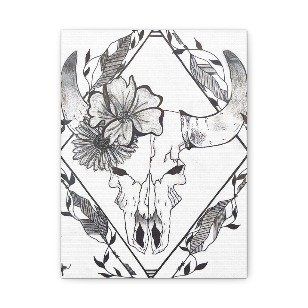 Floral Bull Skull Canvas Print — Black & White Botanical Skull Wall Art