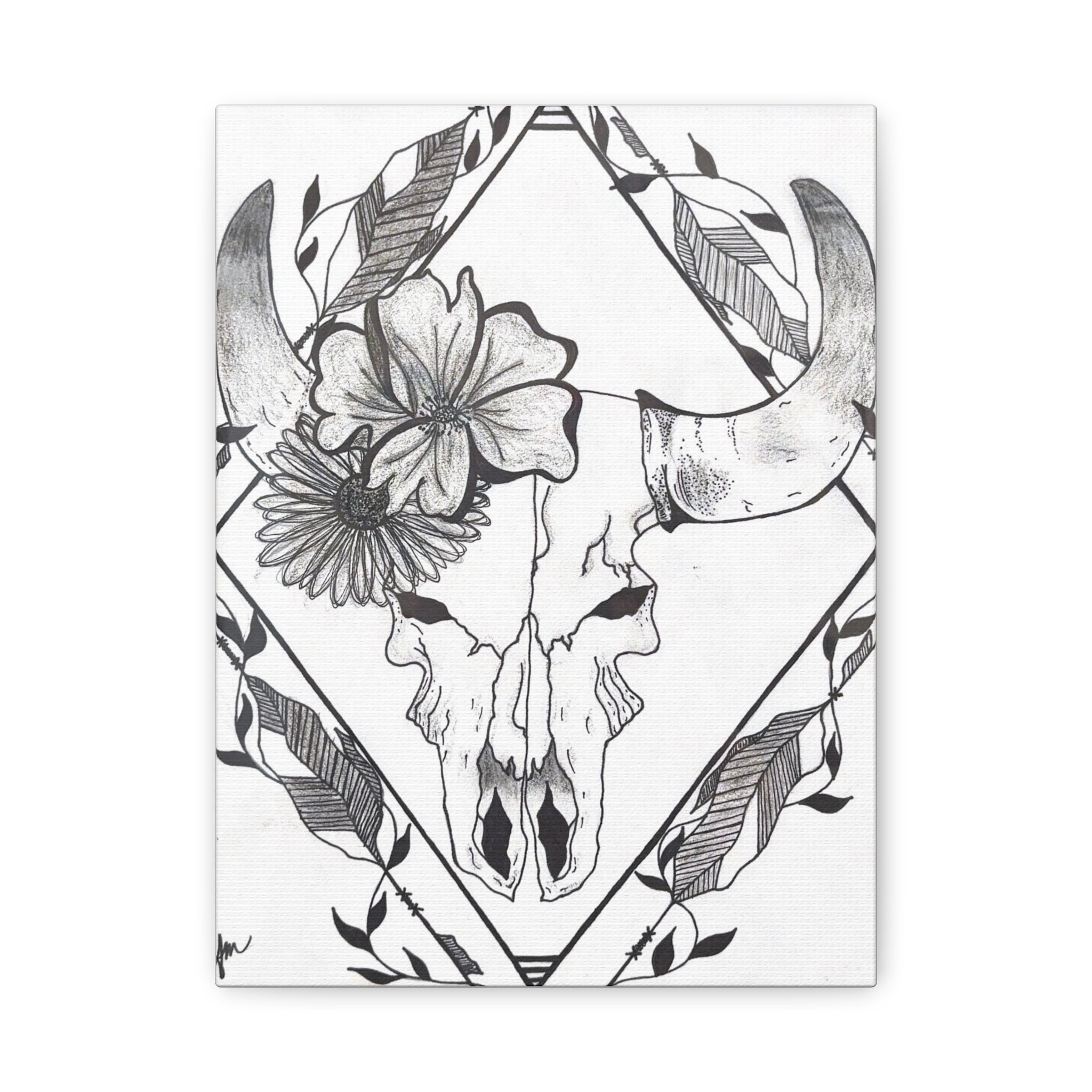 Floral Bull Skull Canvas Print — Black & White Botanical Skull Wall Art