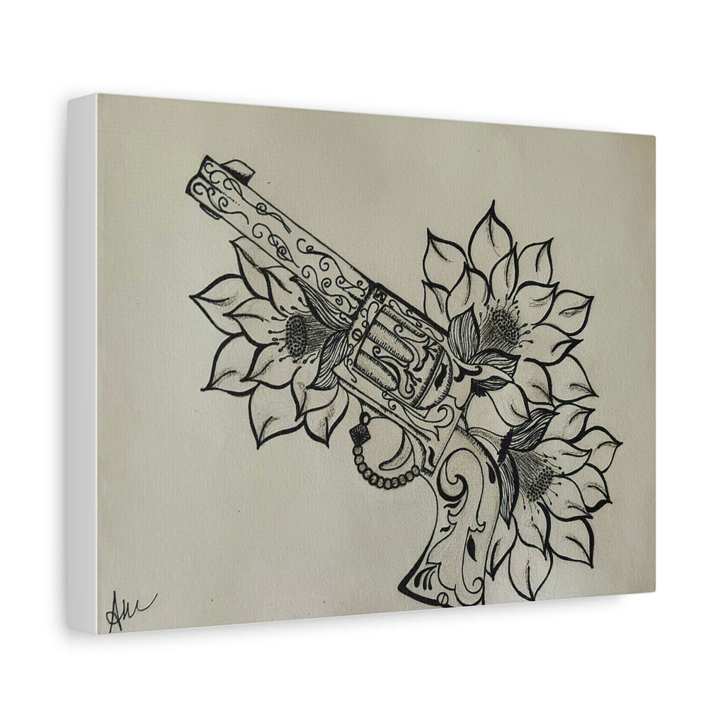 Floral Revolver Canvas Art — Hand-Drawn Gun and Flower Illustration on Matte Stretched Canvas