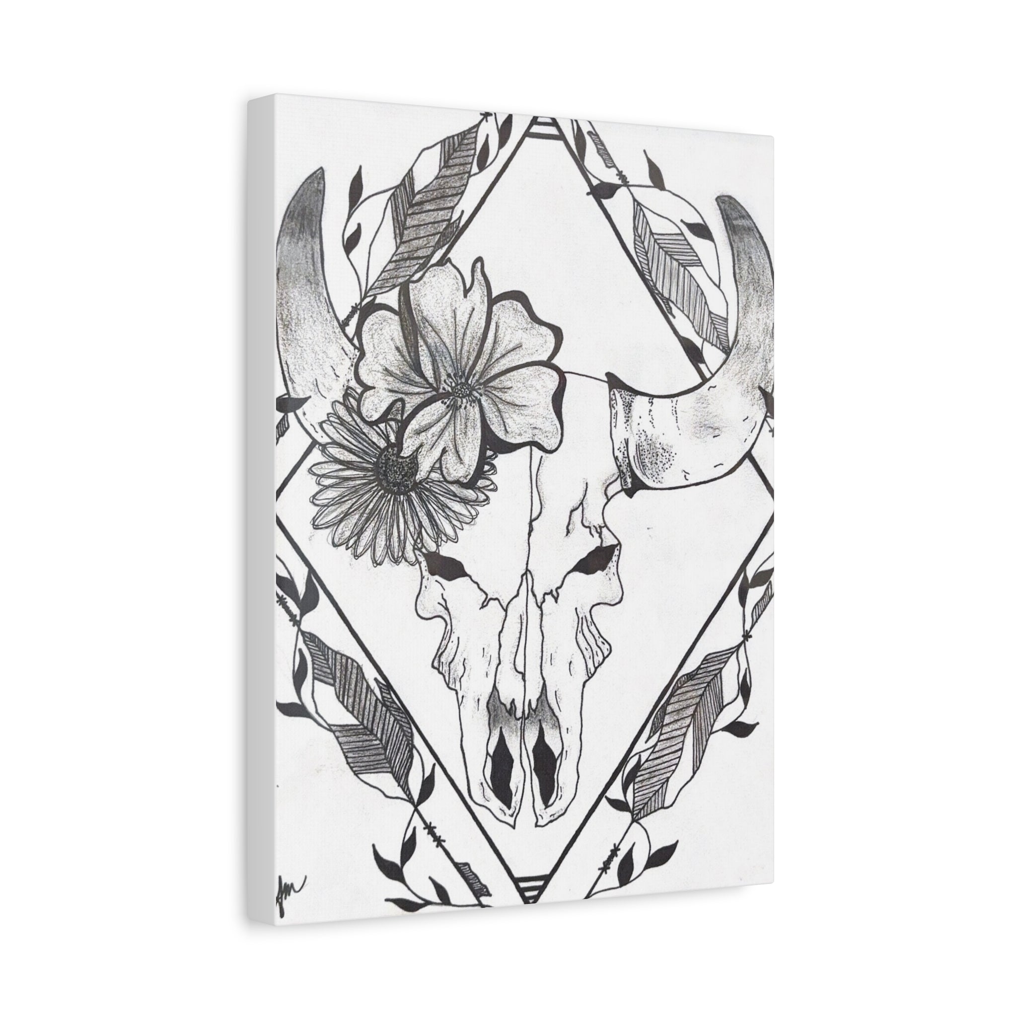 Floral Bull Skull Canvas Print — Black & White Botanical Skull Wall Art