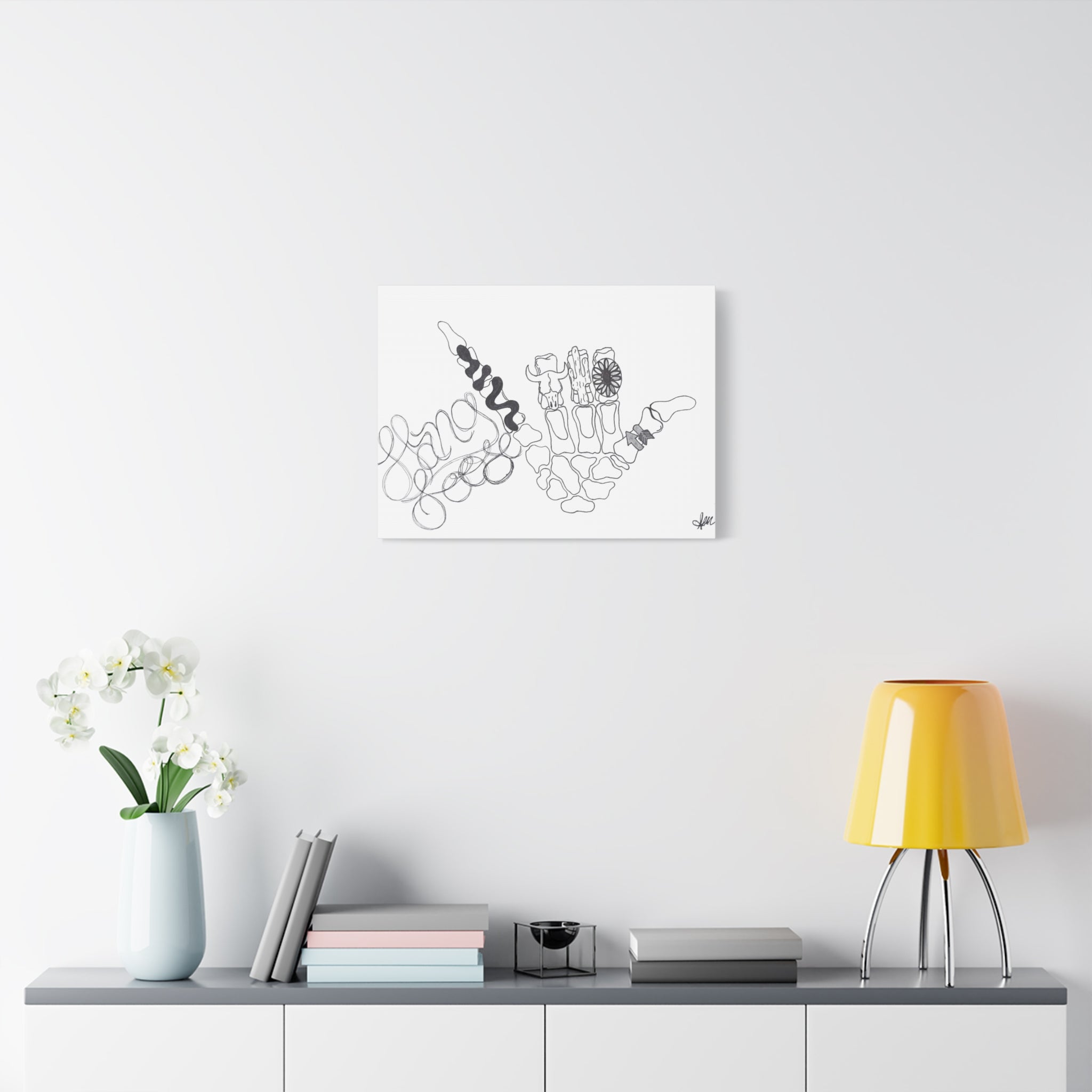 Matte Canvas Wall Art — Minimalist Hand Skeleton Line Drawing "Hang Loose"