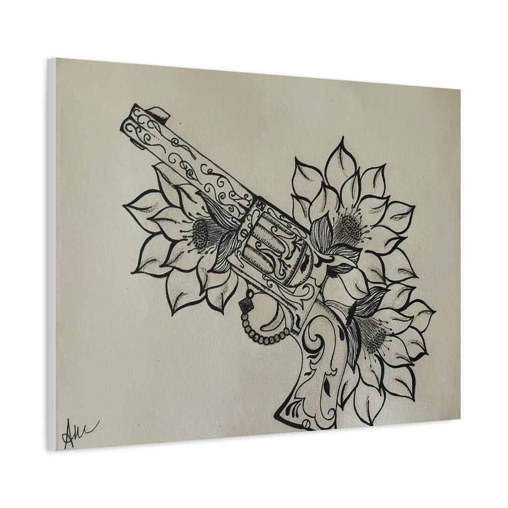 Floral Revolver Canvas Art — Hand-Drawn Gun and Flower Illustration on Matte Stretched Canvas