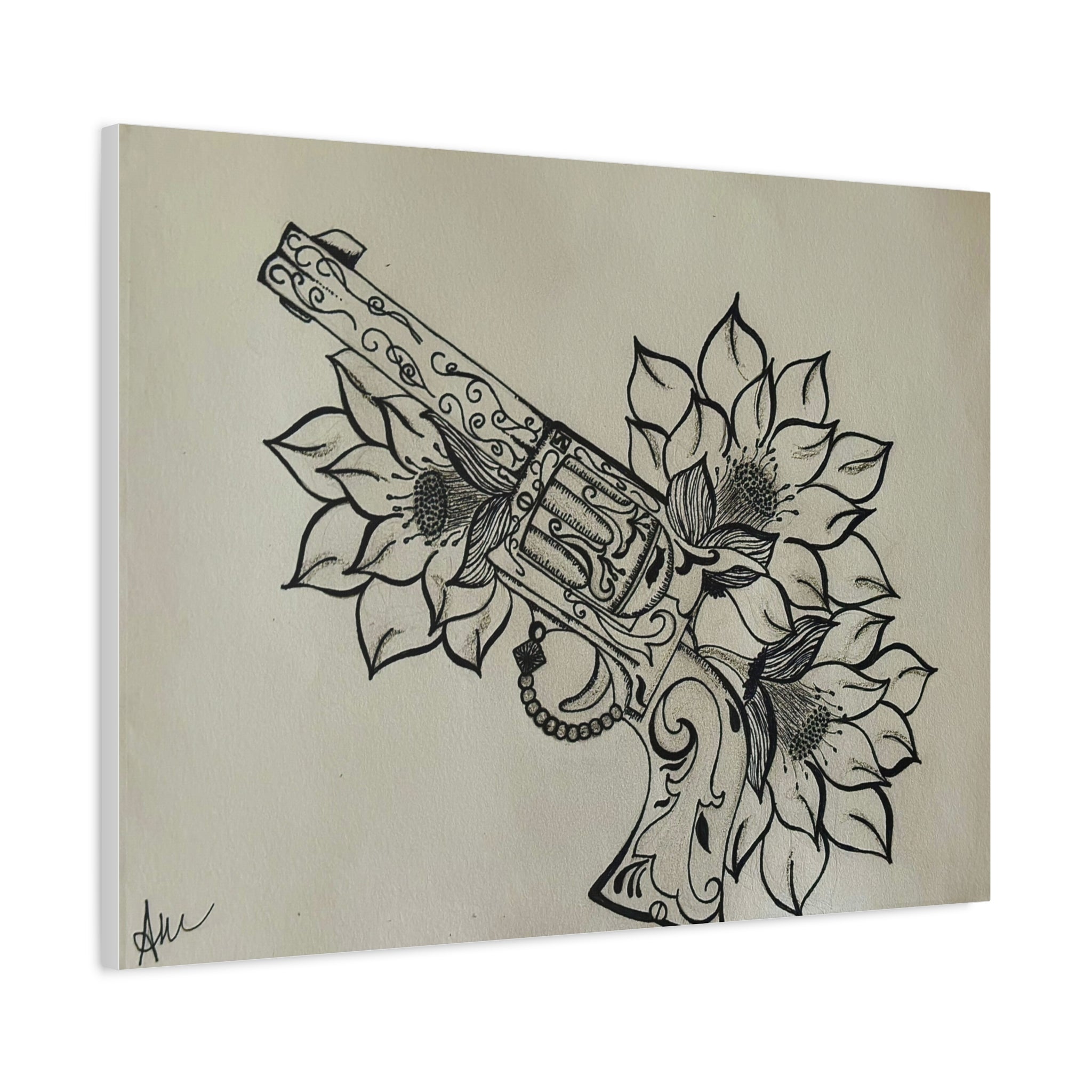 Floral Revolver Canvas Art — Hand-Drawn Gun and Flower Illustration on Matte Stretched Canvas
