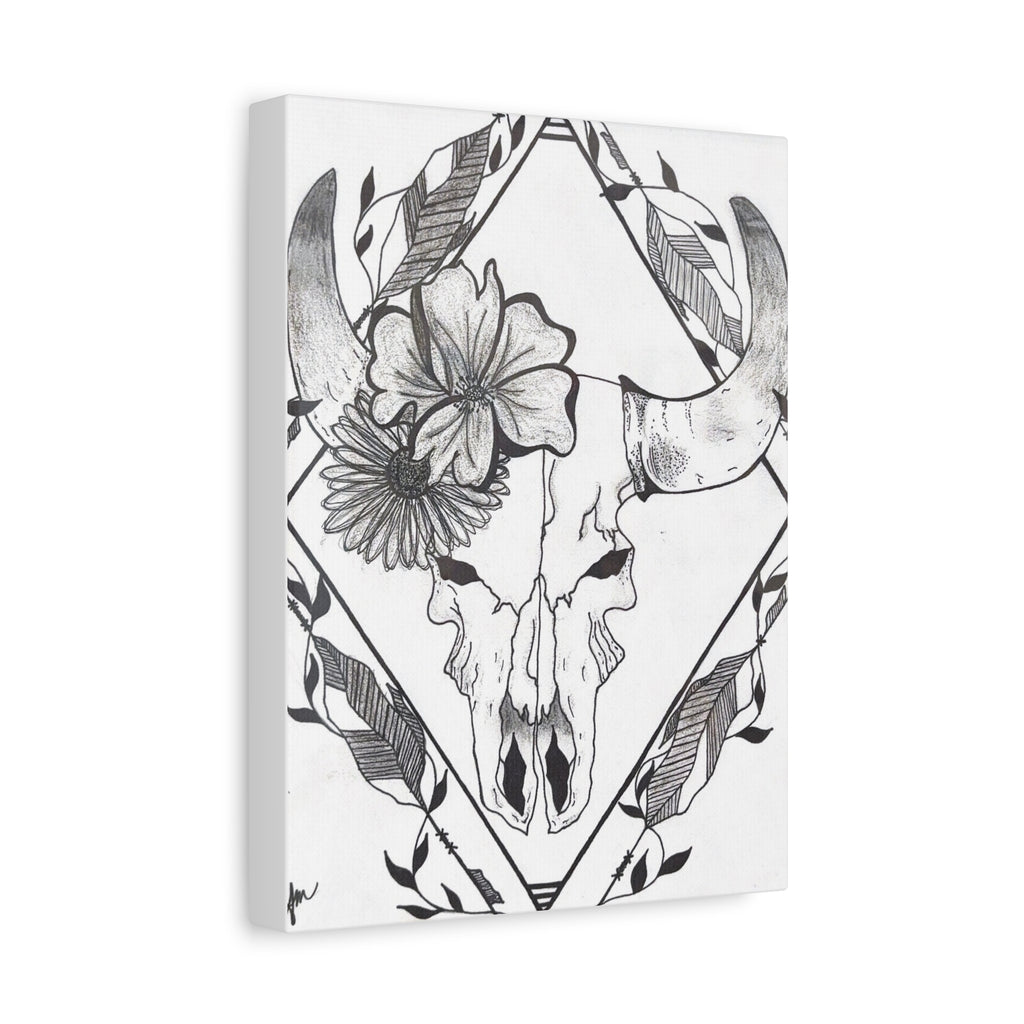 Floral Bull Skull Canvas Print — Black & White Botanical Skull Wall Art