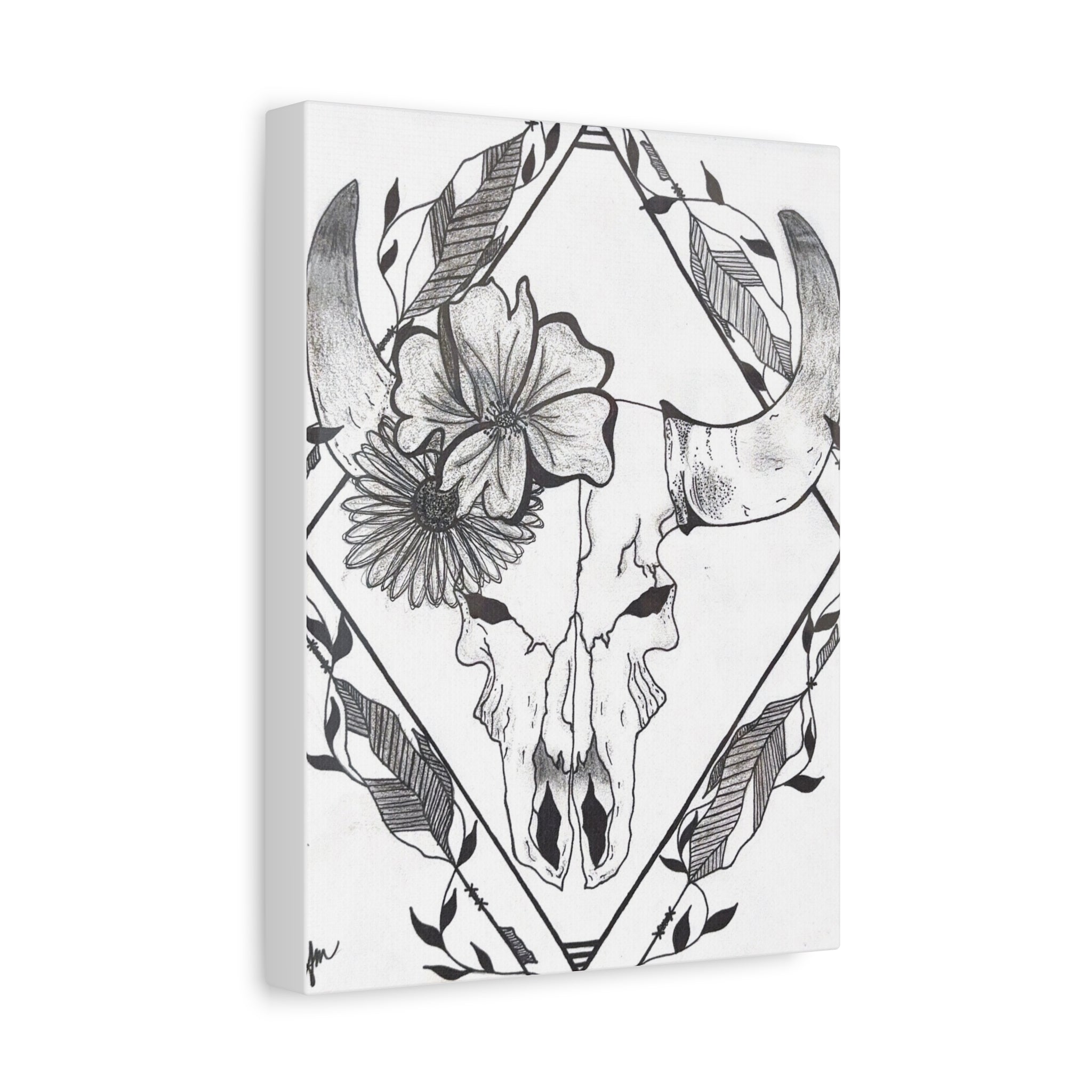Floral Bull Skull Canvas Print — Black & White Botanical Skull Wall Art