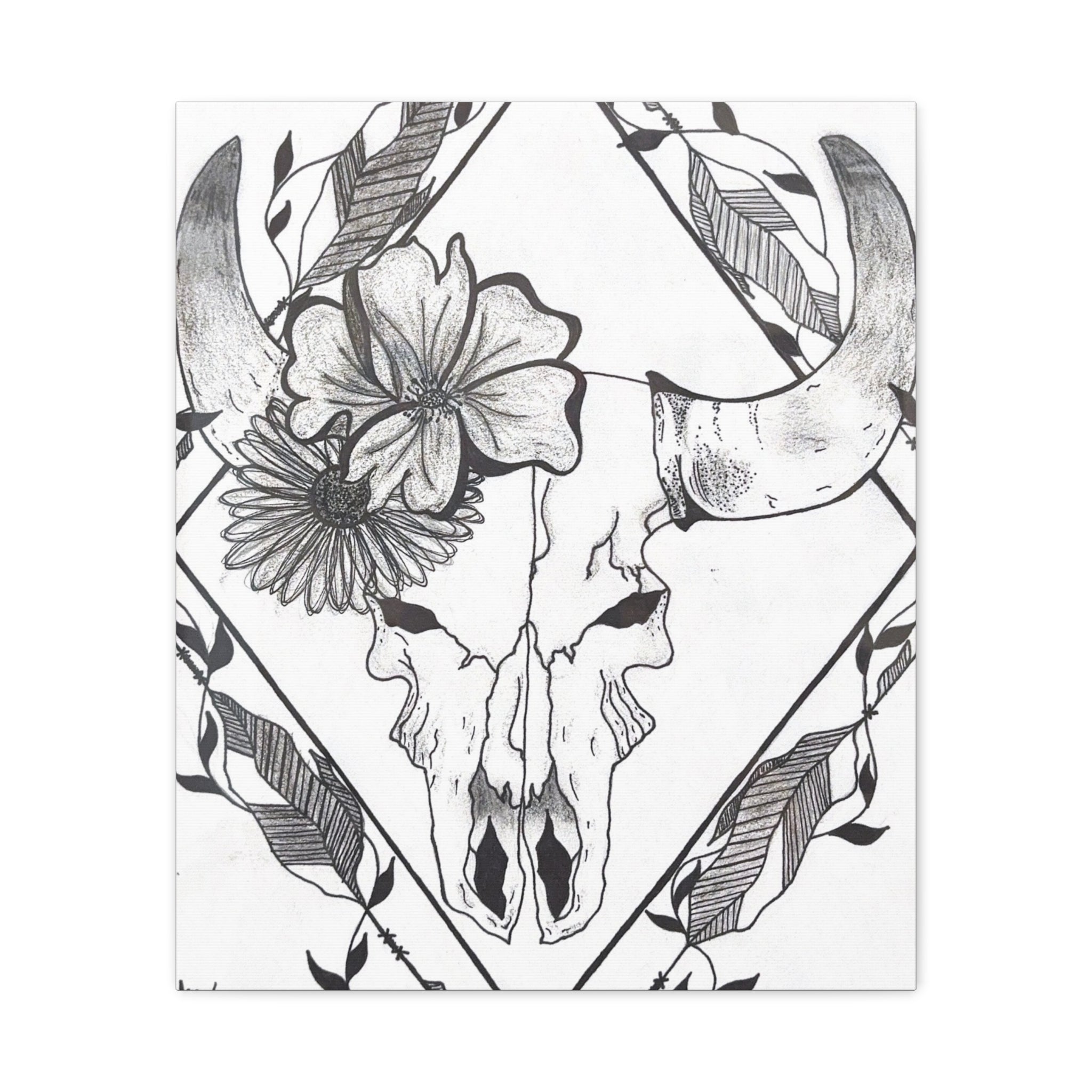 Floral Bull Skull Canvas Print — Black & White Botanical Skull Wall Art