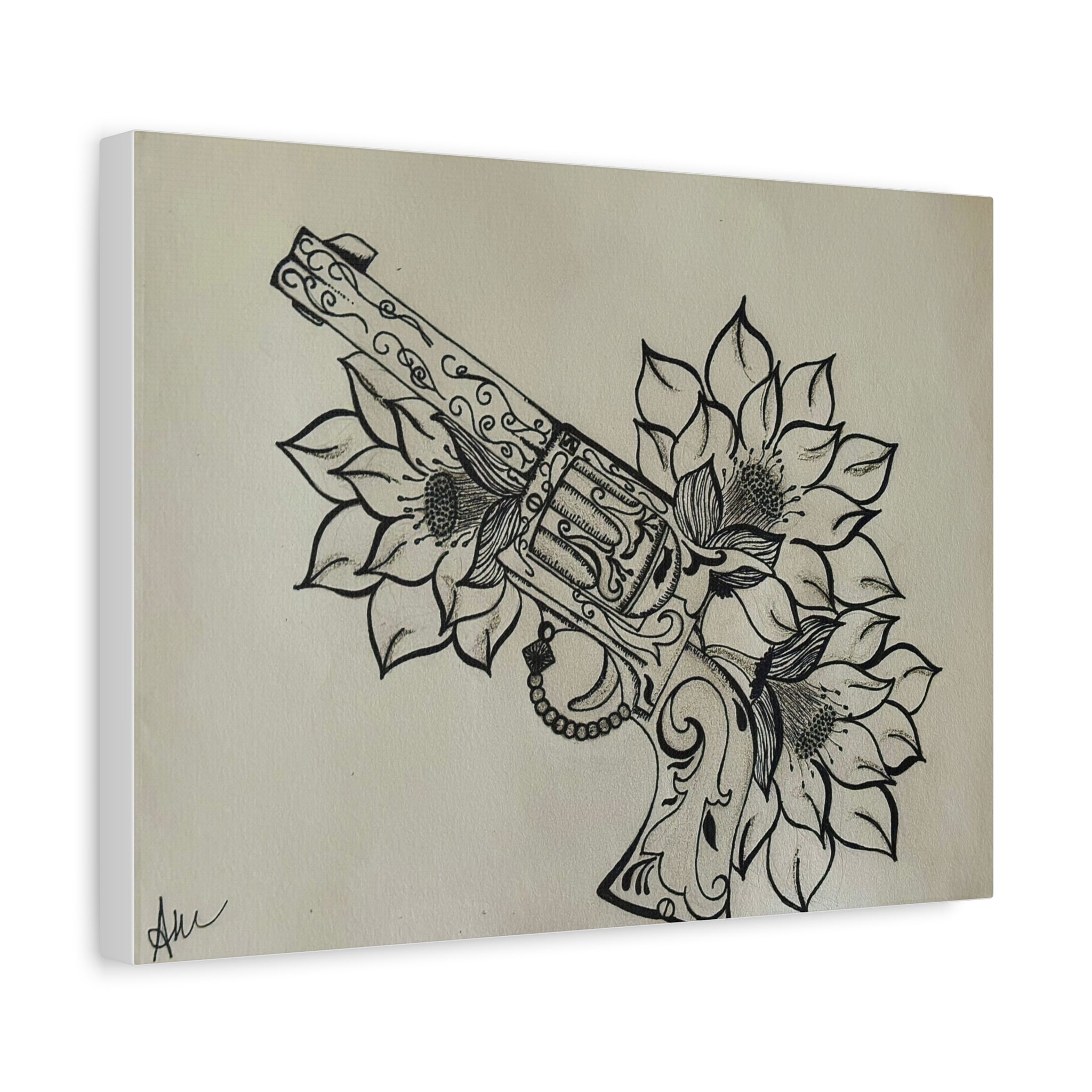 Floral Revolver Canvas Art — Hand-Drawn Gun and Flower Illustration on Matte Stretched Canvas