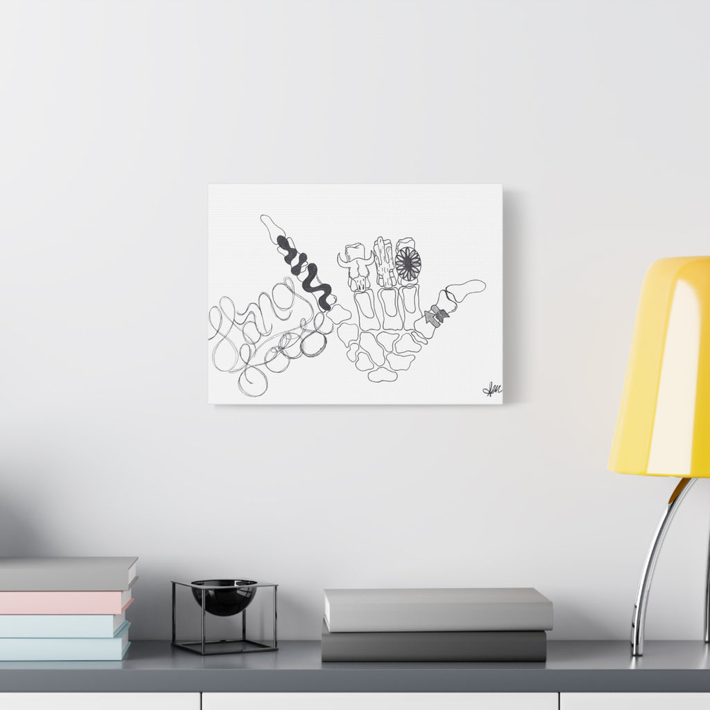 Matte Canvas Wall Art — Minimalist Hand Skeleton Line Drawing "Hang Loose"