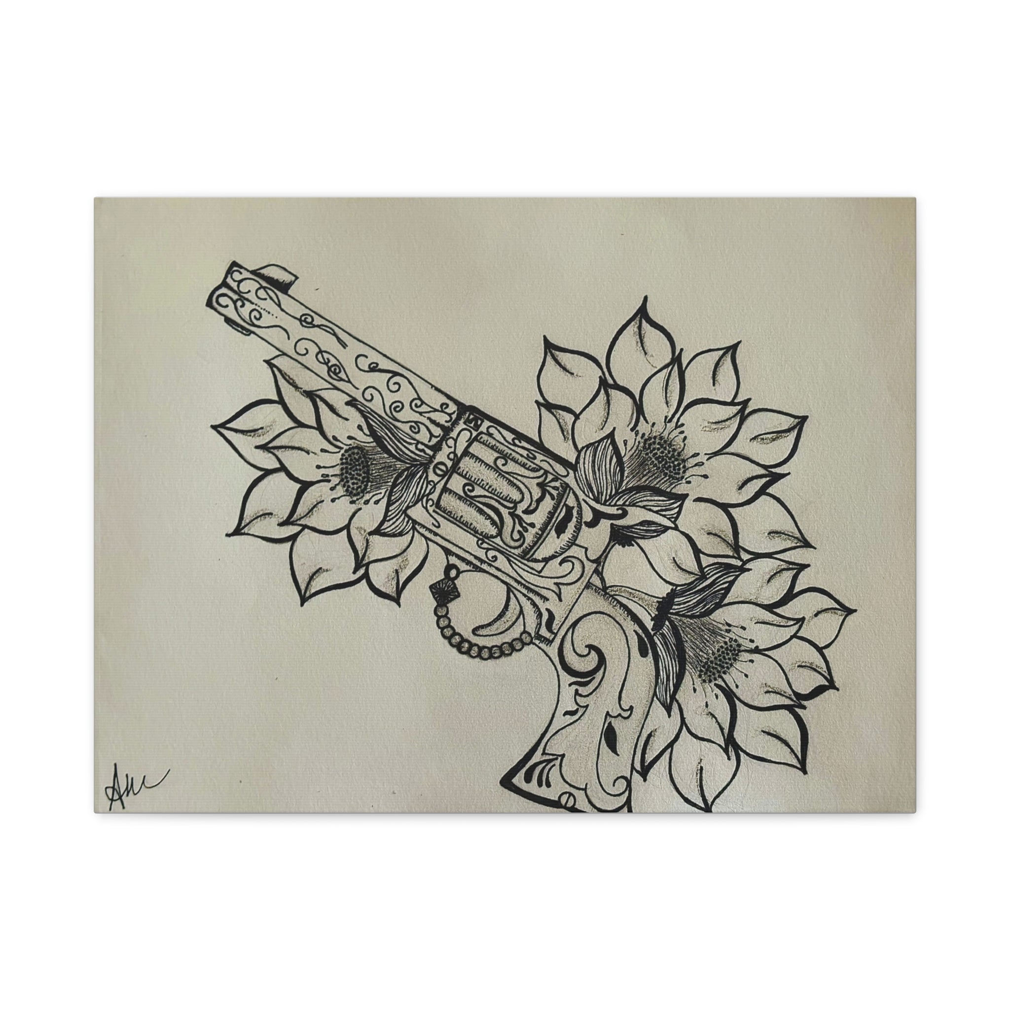 Floral Revolver Canvas Art — Hand-Drawn Gun and Flower Illustration on Matte Stretched Canvas