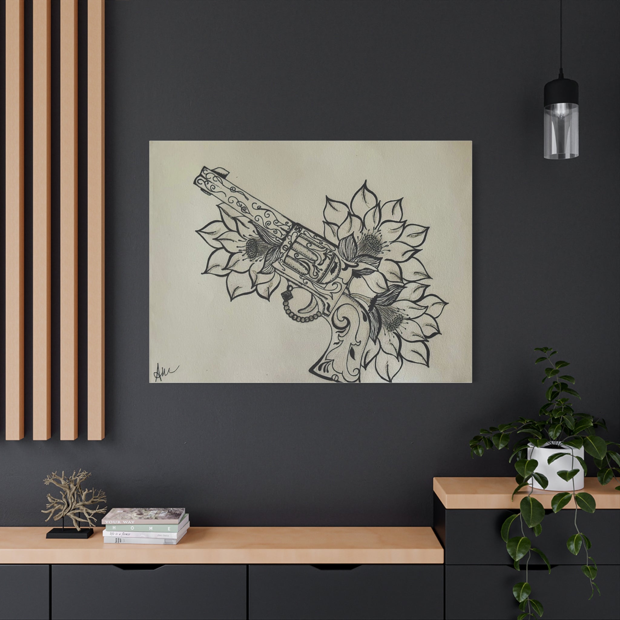Floral Revolver Canvas Art — Hand-Drawn Gun and Flower Illustration on Matte Stretched Canvas