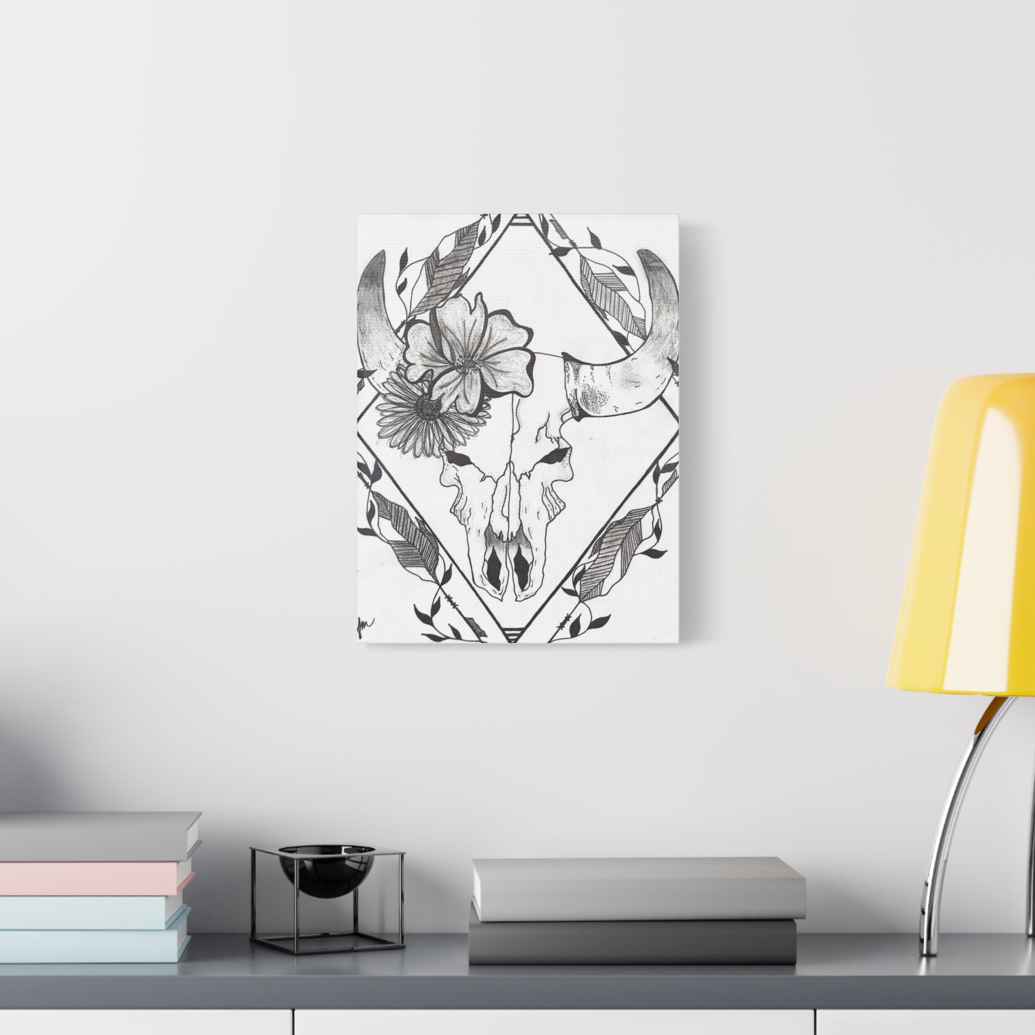 Floral Bull Skull Canvas Print — Black & White Botanical Skull Wall Art