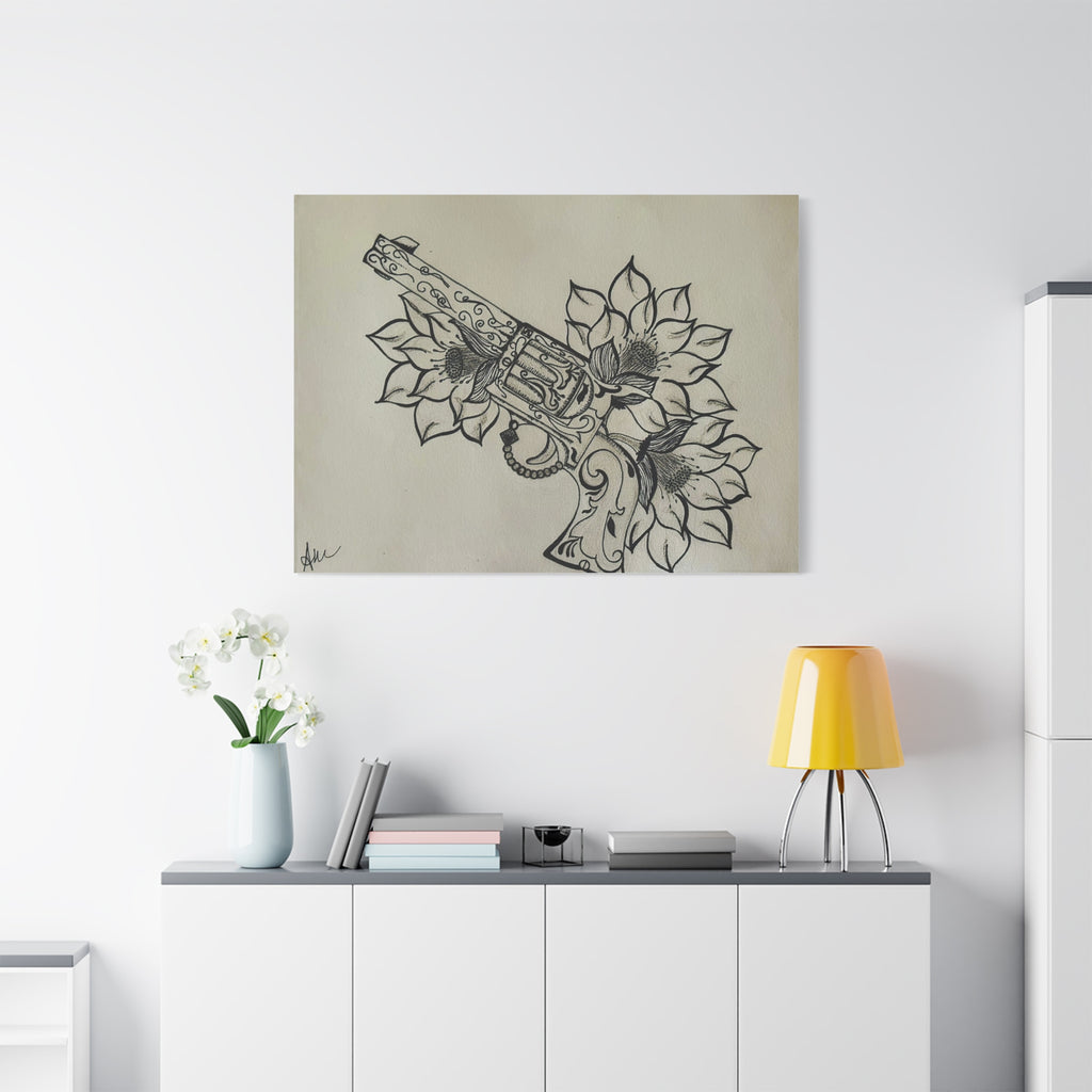 Floral Revolver Canvas Art — Hand-Drawn Gun and Flower Illustration on Matte Stretched Canvas