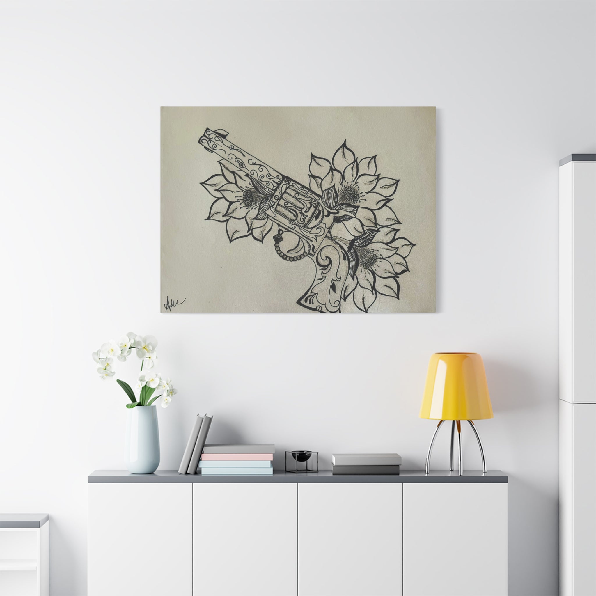 Floral Revolver Canvas Art — Hand-Drawn Gun and Flower Illustration on Matte Stretched Canvas