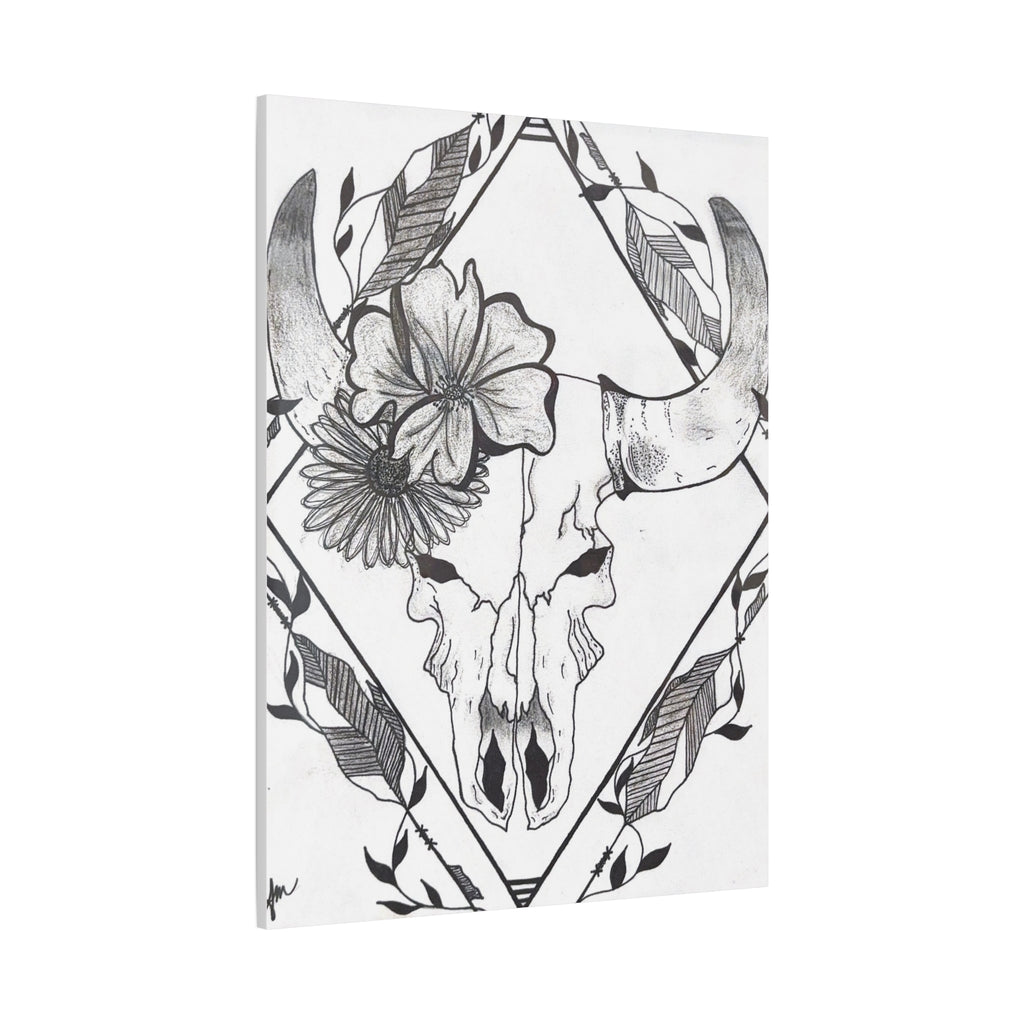 Floral Bull Skull Canvas Print — Black & White Botanical Skull Wall Art