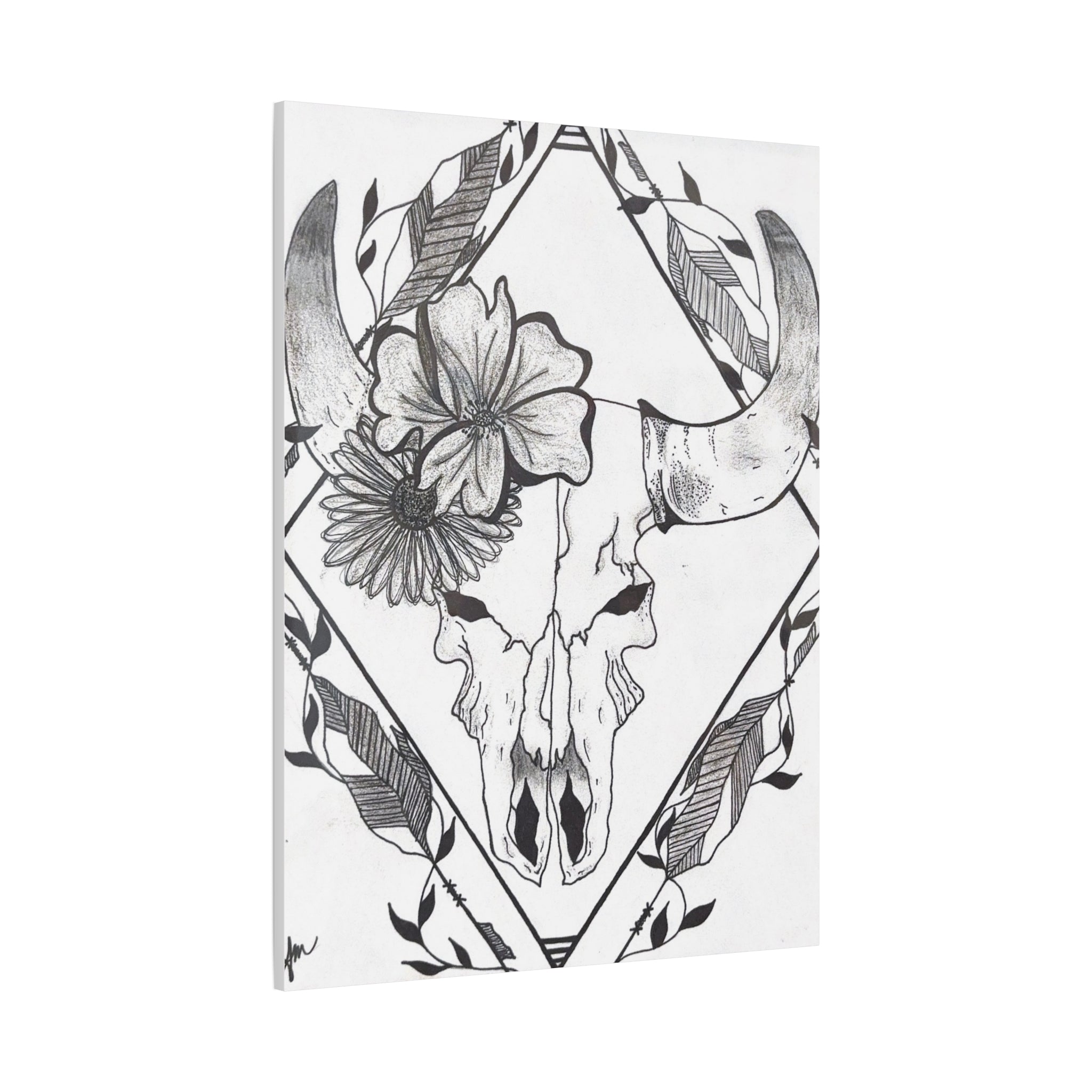 Floral Bull Skull Canvas Print — Black & White Botanical Skull Wall Art