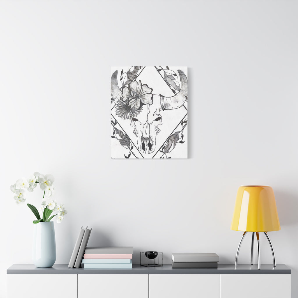Floral Bull Skull Canvas Print — Black & White Botanical Skull Wall Art