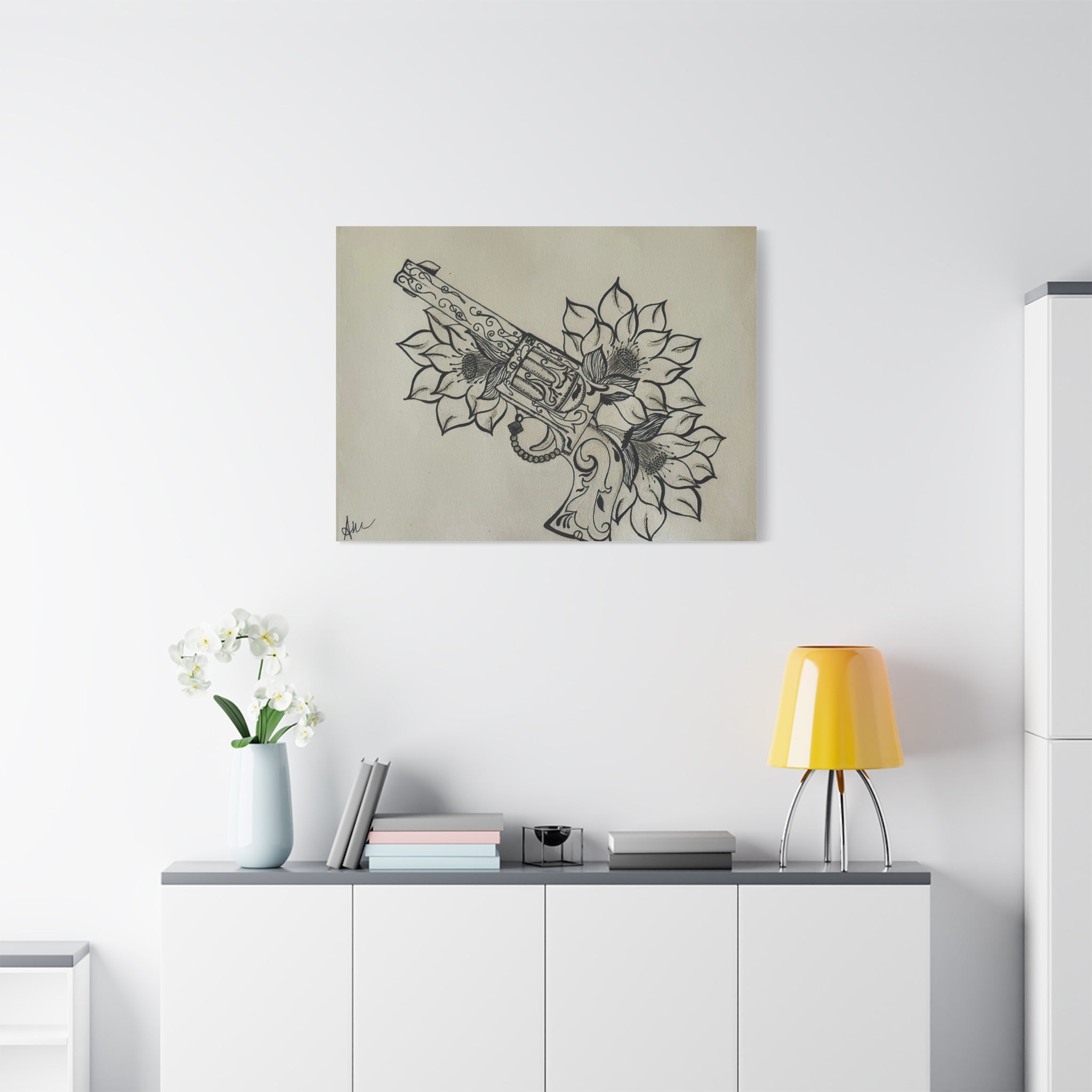 Floral Revolver Canvas Art — Hand-Drawn Gun and Flower Illustration on Matte Stretched Canvas