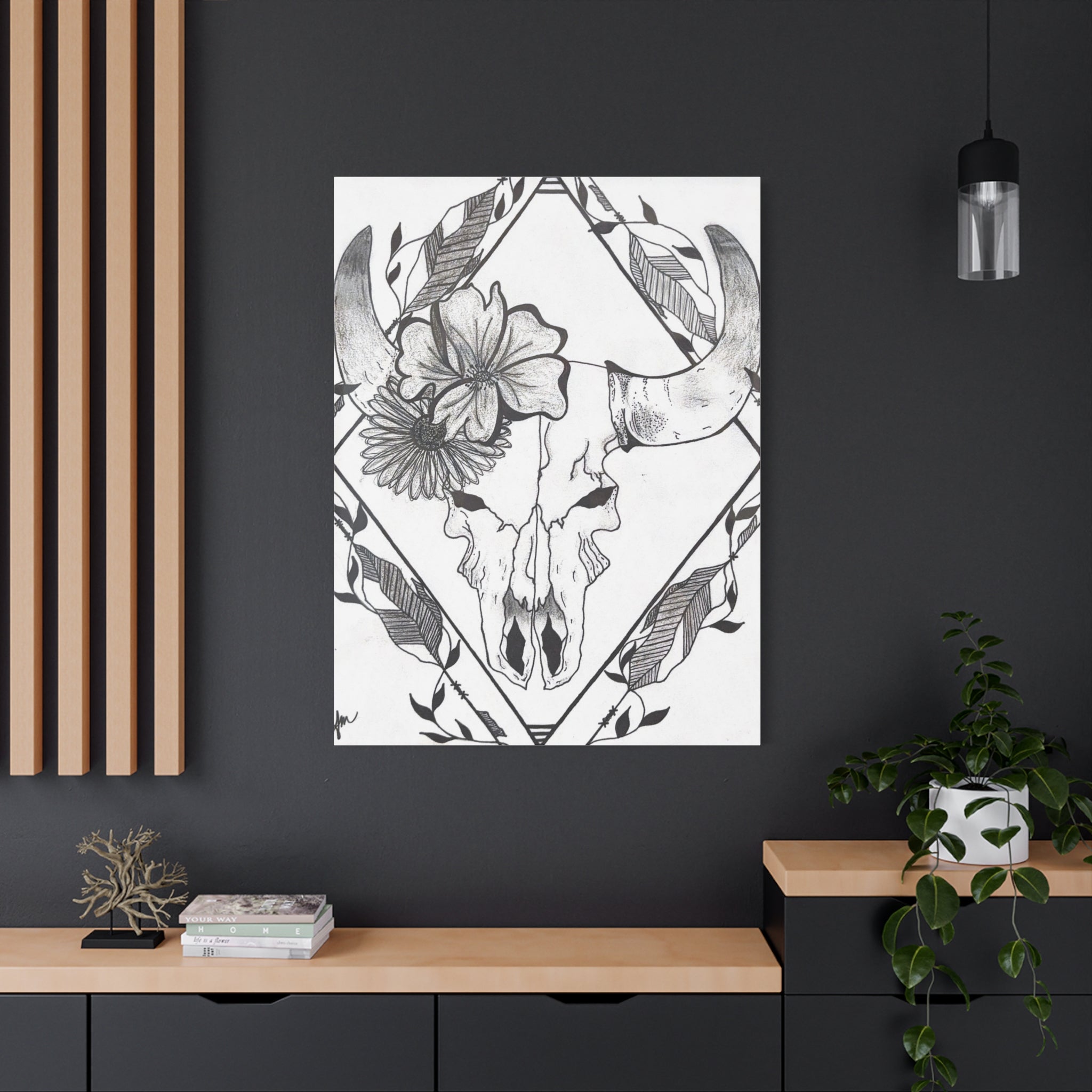 Floral Bull Skull Canvas Print — Black & White Botanical Skull Wall Art
