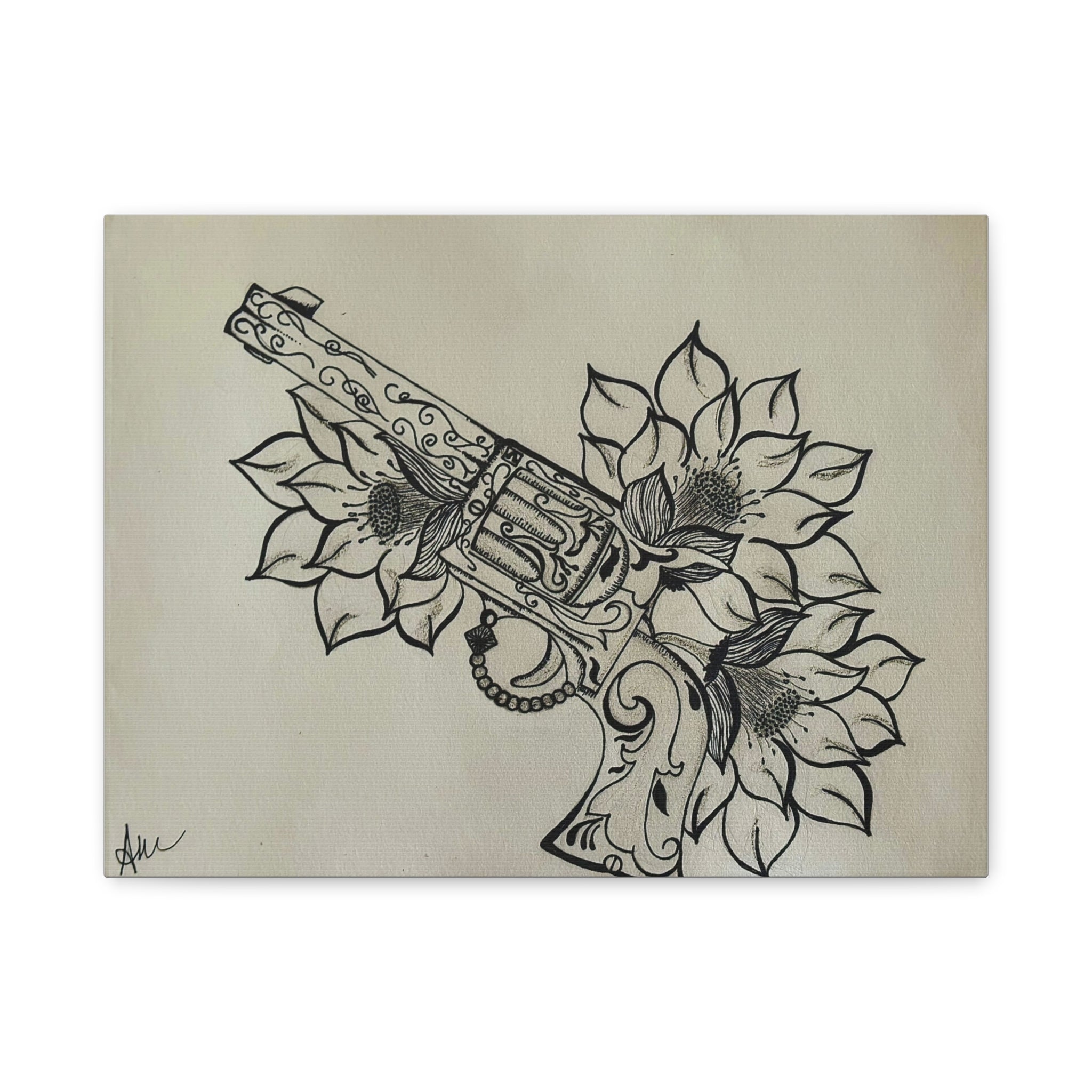 Floral Revolver Canvas Art — Hand-Drawn Gun and Flower Illustration on Matte Stretched Canvas