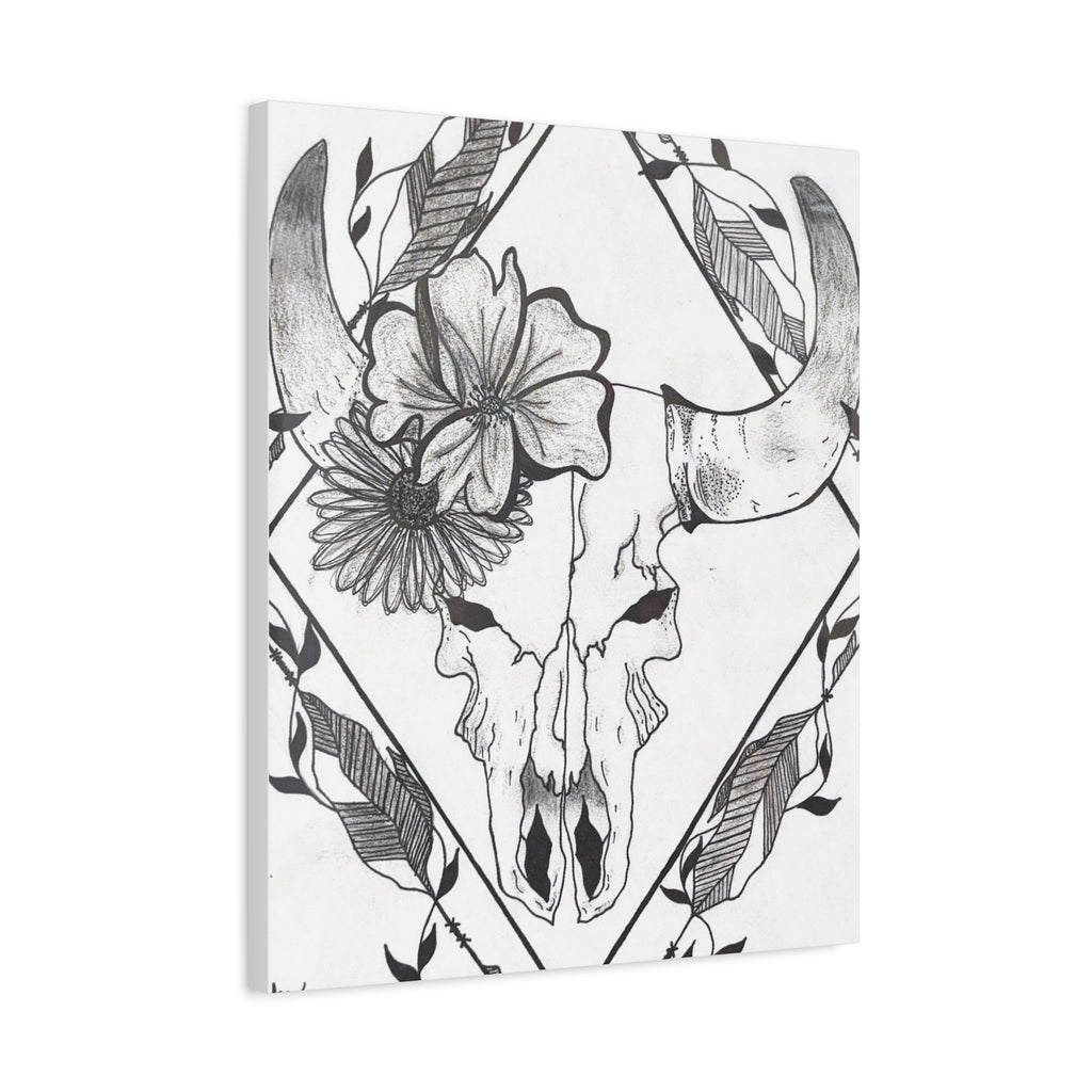 Floral Bull Skull Canvas Print — Black & White Botanical Skull Wall Art