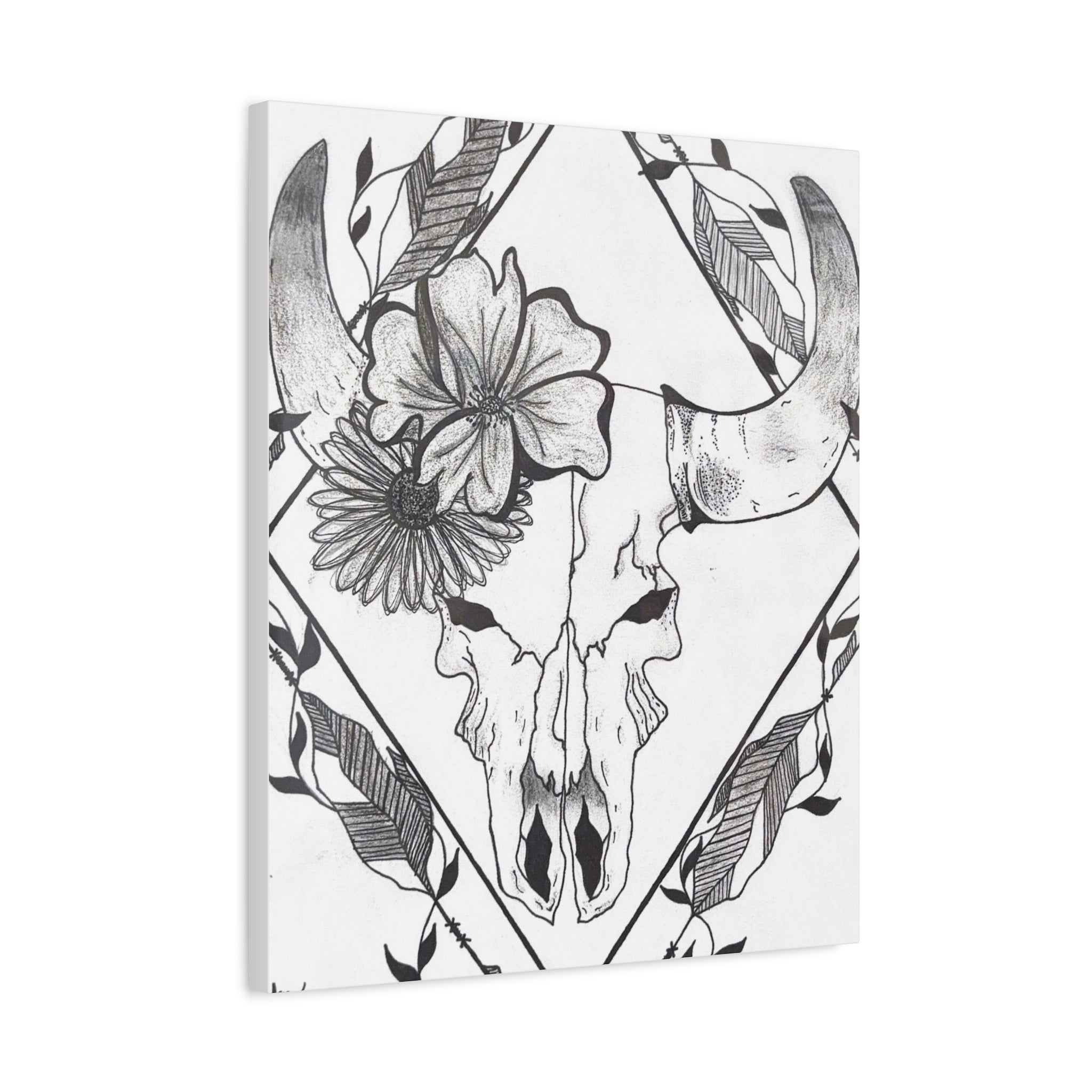 Floral Bull Skull Canvas Print — Black & White Botanical Skull Wall Art