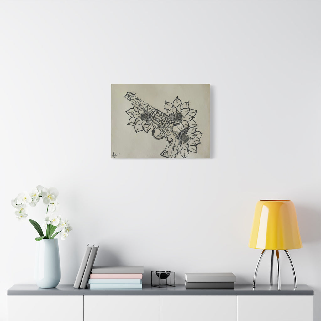Floral Revolver Canvas Art — Hand-Drawn Gun and Flower Illustration on Matte Stretched Canvas