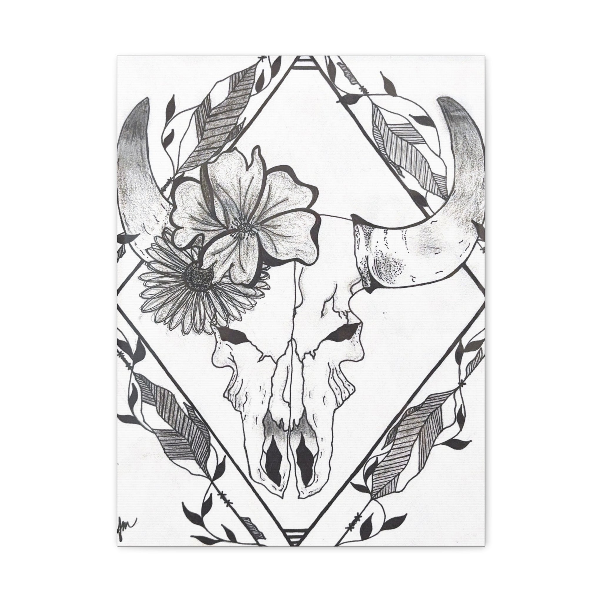 Floral Bull Skull Canvas Print — Black & White Botanical Skull Wall Art