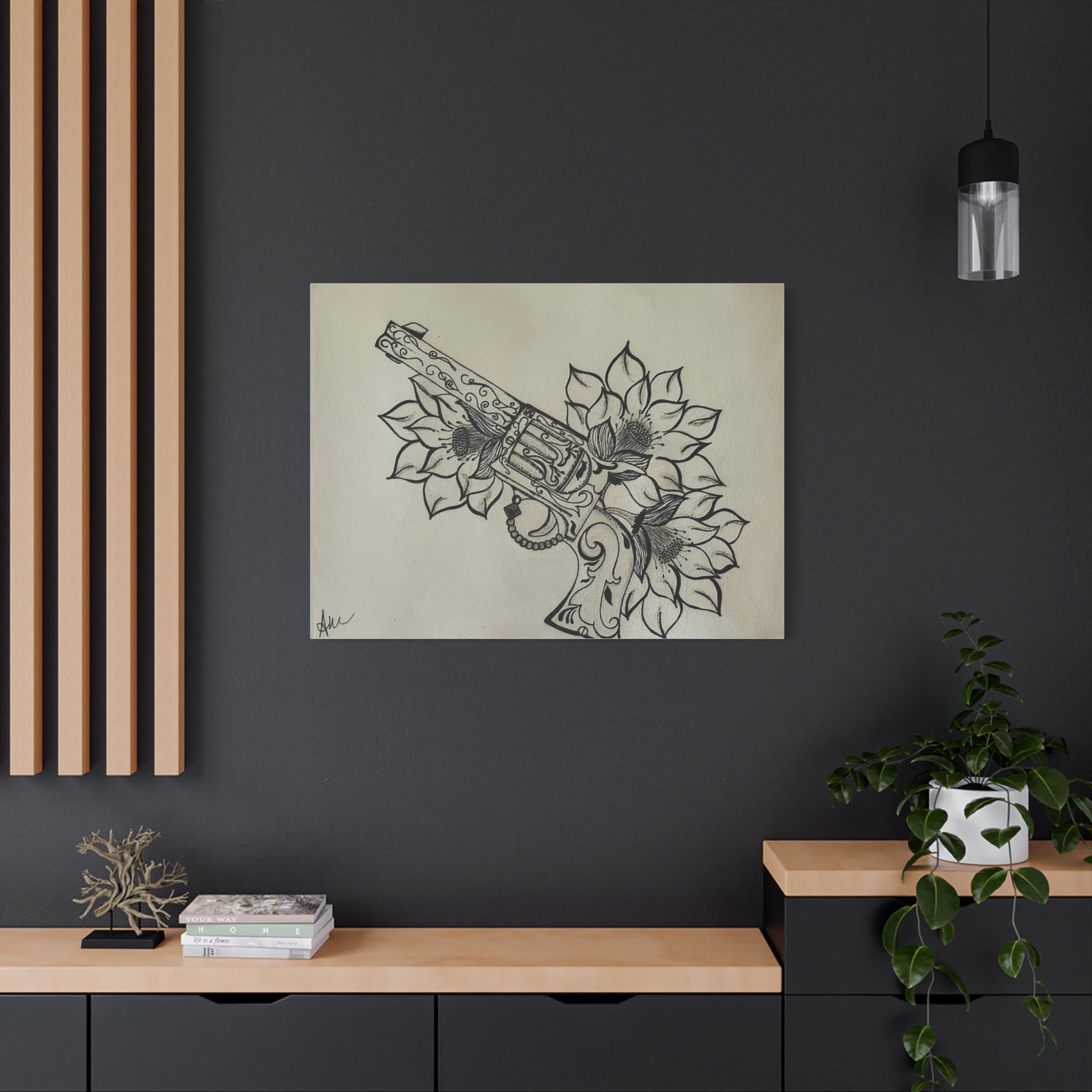 Floral Revolver Canvas Art — Hand-Drawn Gun and Flower Illustration on Matte Stretched Canvas