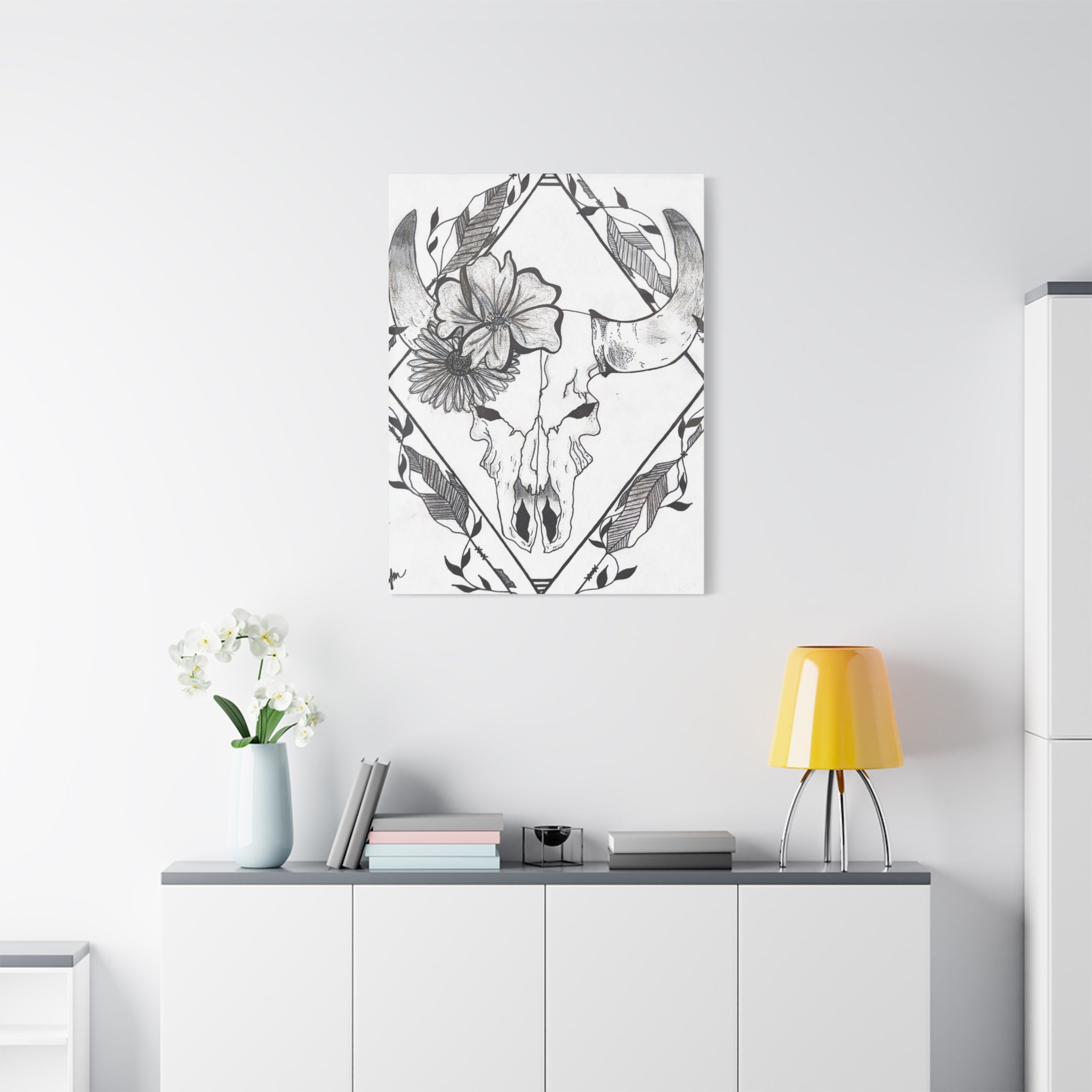 Floral Bull Skull Canvas Print — Black & White Botanical Skull Wall Art