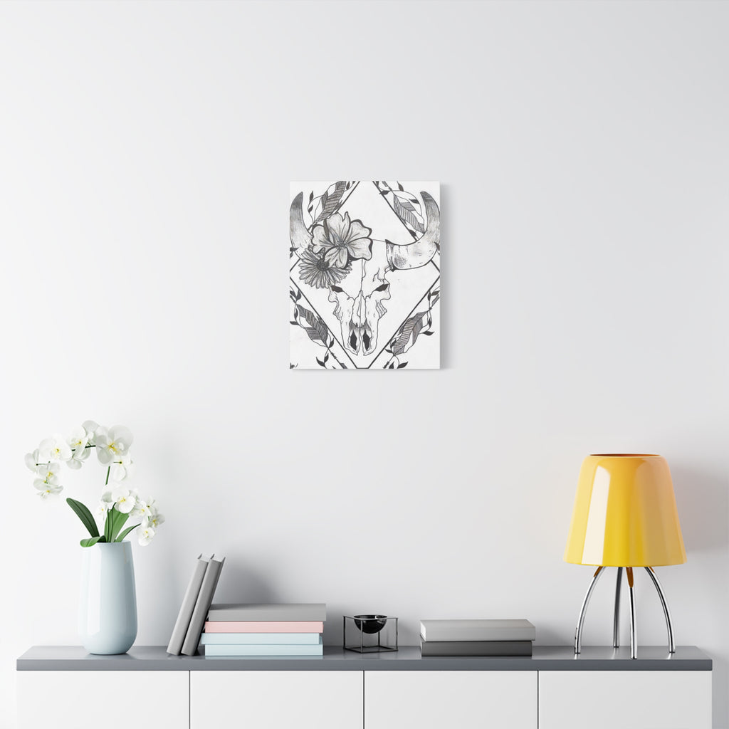 Floral Bull Skull Canvas Print — Black & White Botanical Skull Wall Art